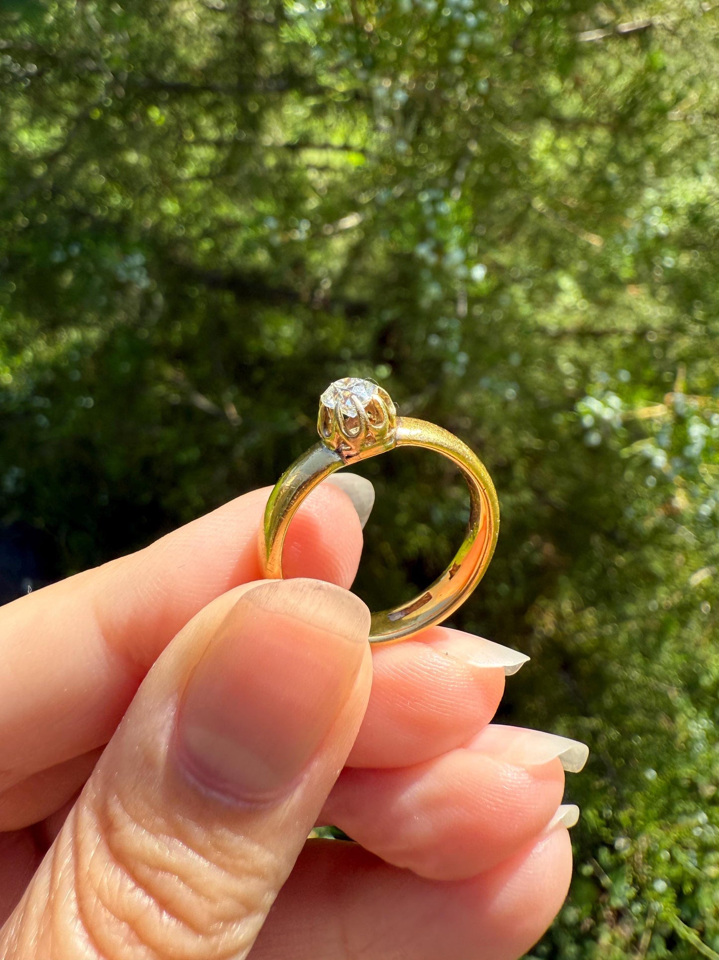 Chunky Antique .36 Carat Eye Clean Old Mine Cut Diamond 22k Gold Edwardian Comfort Fit Wedding Band Engagement Ring Solitaire Stacker OMC