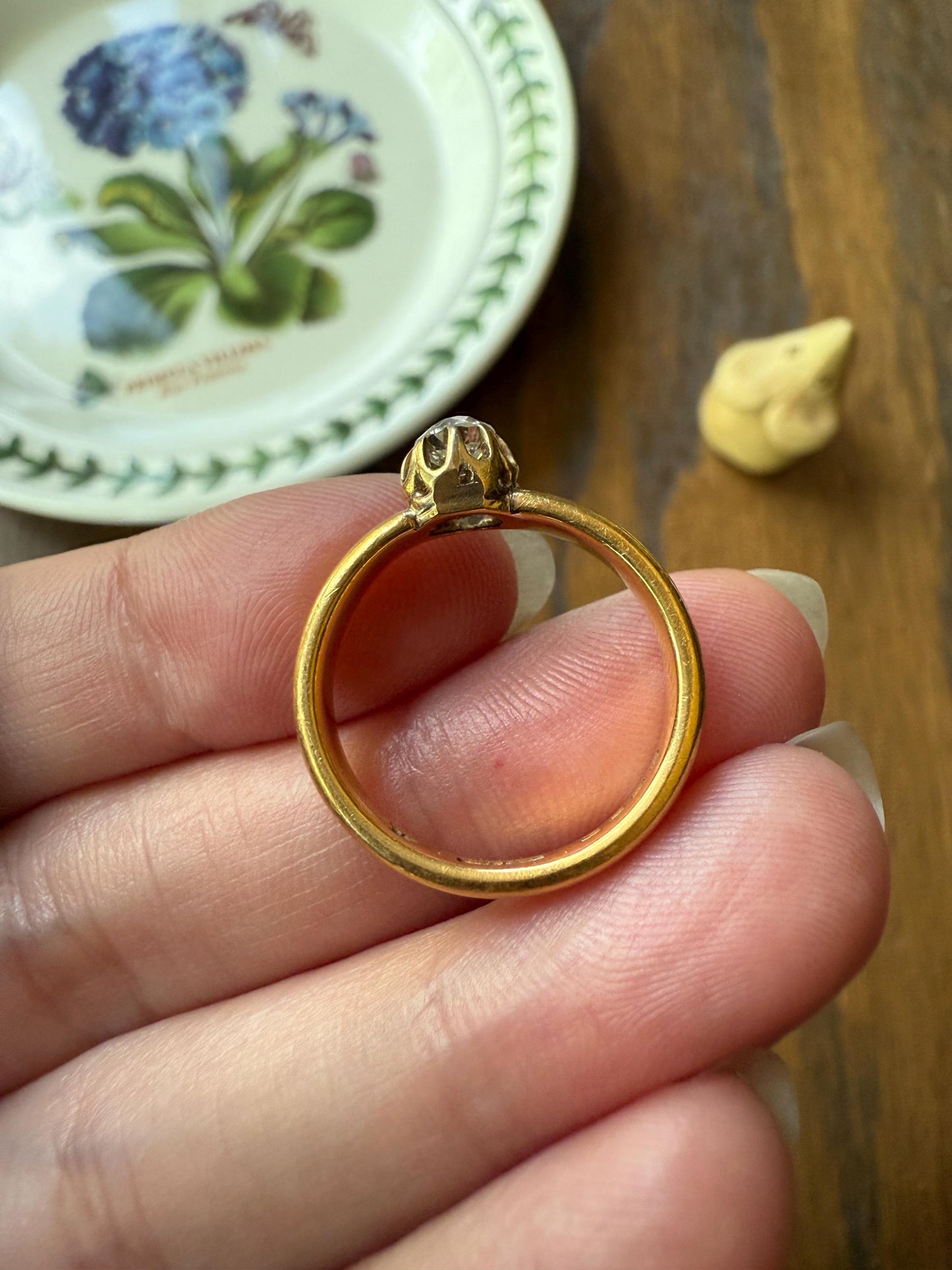 Chunky Antique .36 Carat Eye Clean Old Mine Cut Diamond 22k Gold Edwardian Comfort Fit Wedding Band Engagement Ring Solitaire Stacker OMC