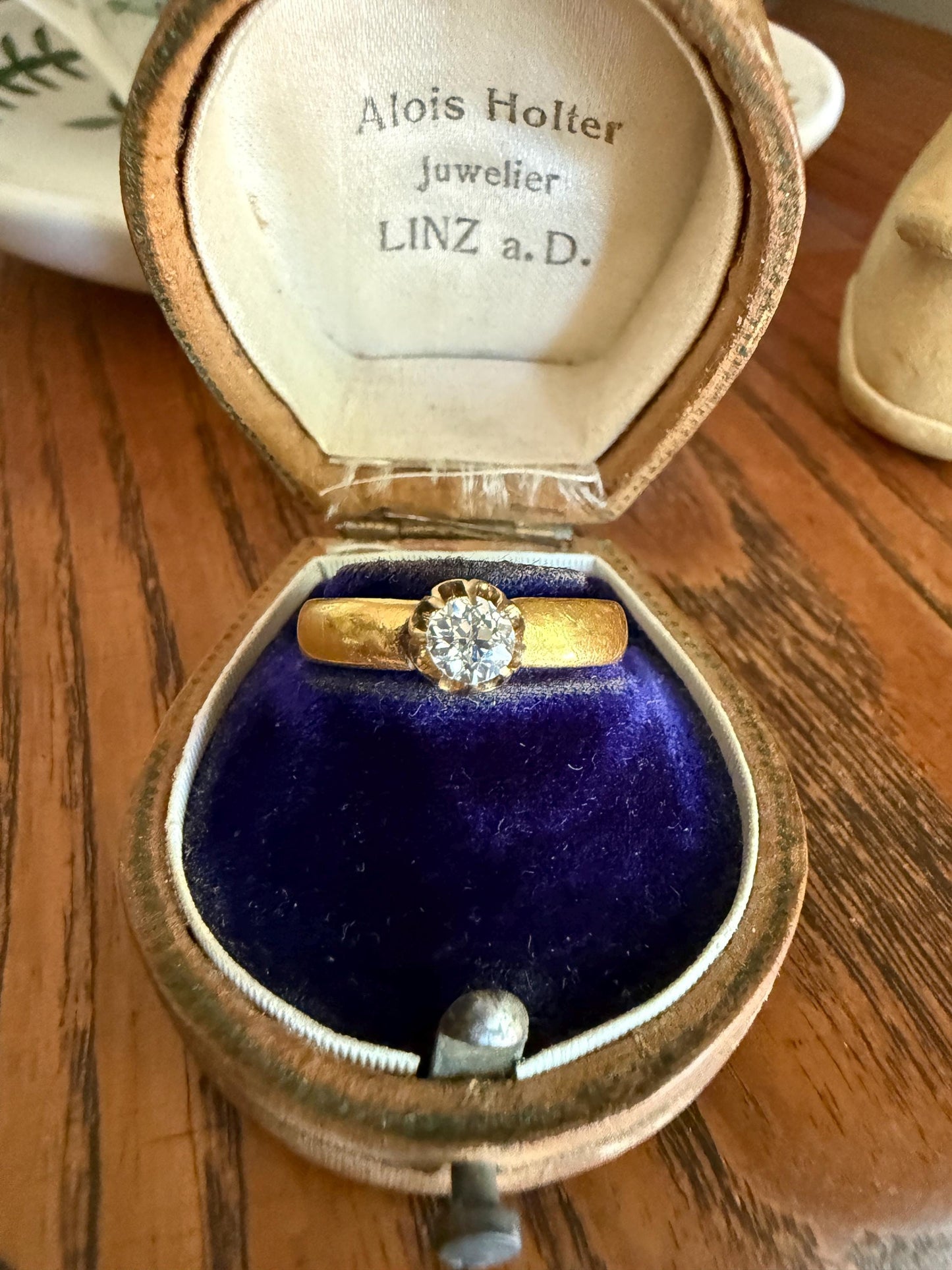 Chunky Antique .36 Carat Eye Clean Old Mine Cut Diamond 22k Gold Edwardian Comfort Fit Wedding Band Engagement Ring Solitaire Stacker OMC