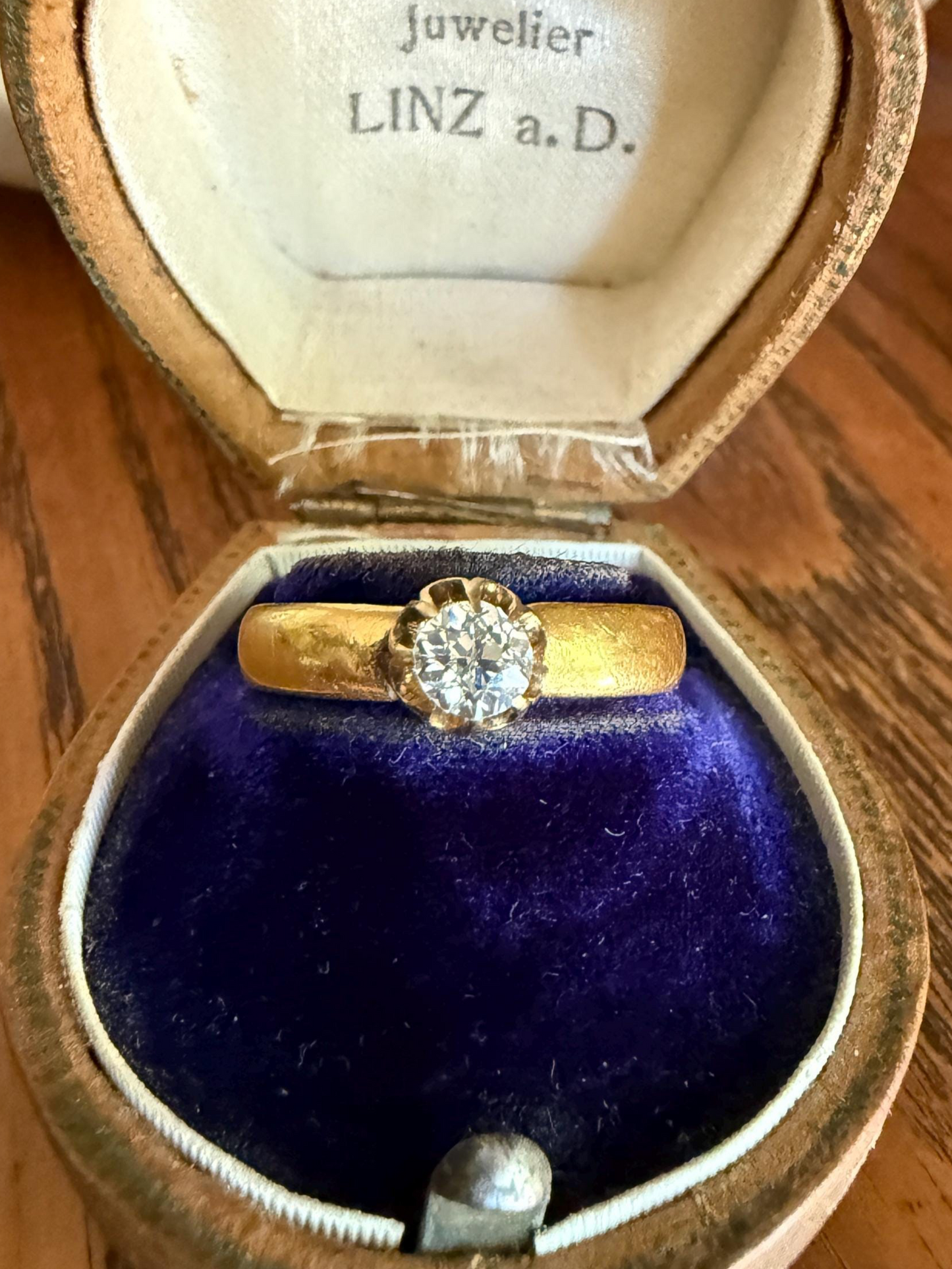 Chunky Antique .36 Carat Eye Clean Old Mine Cut Diamond 22k Gold Edwardian Comfort Fit Wedding Band Engagement Ring Solitaire