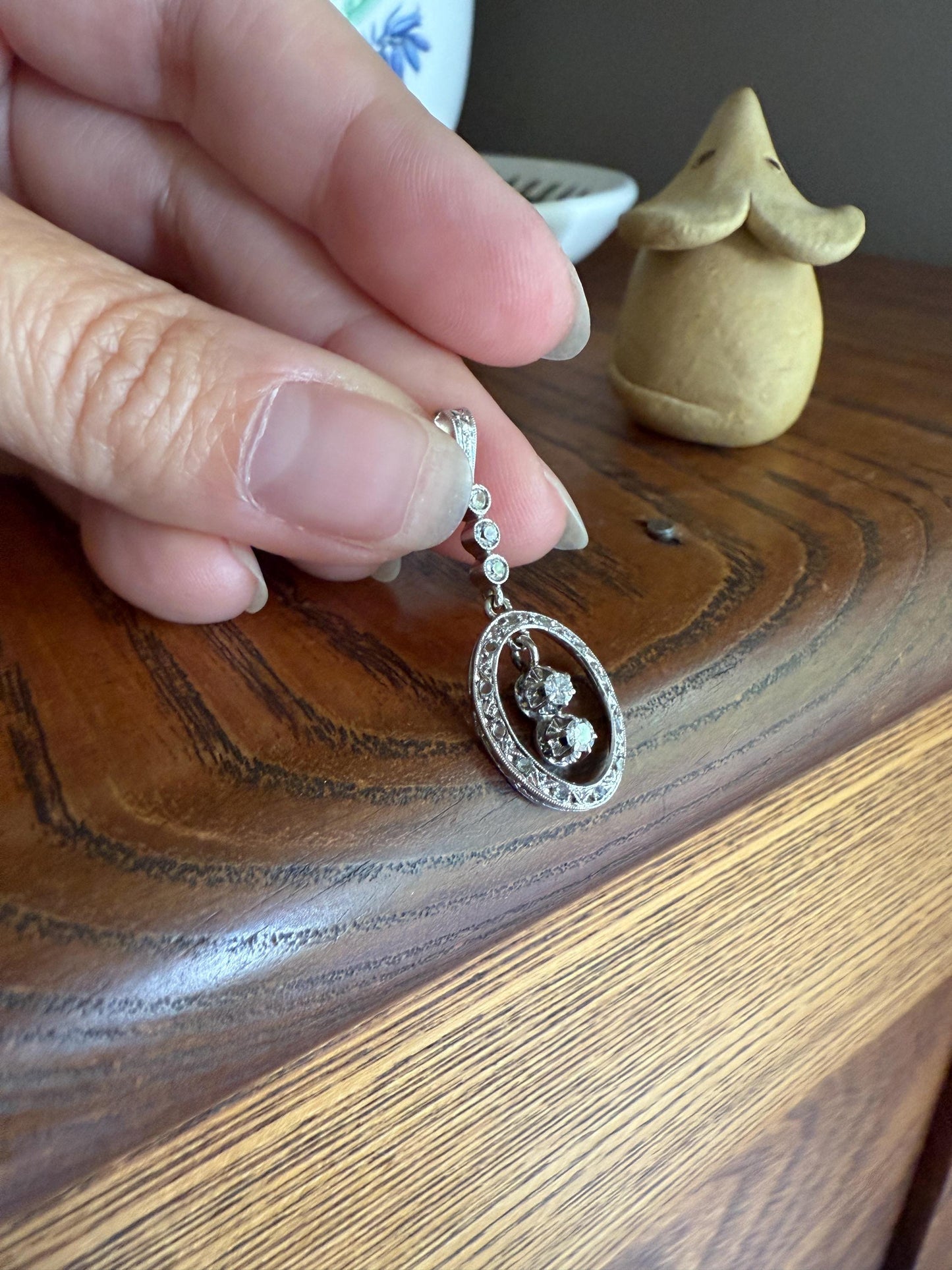 Oval Dangle Pendant 17 Old Mine Single Rose Cut DIAMOND Pendant 18k White Gold Open Work French Antique Linear Halo Geometric Sparkle