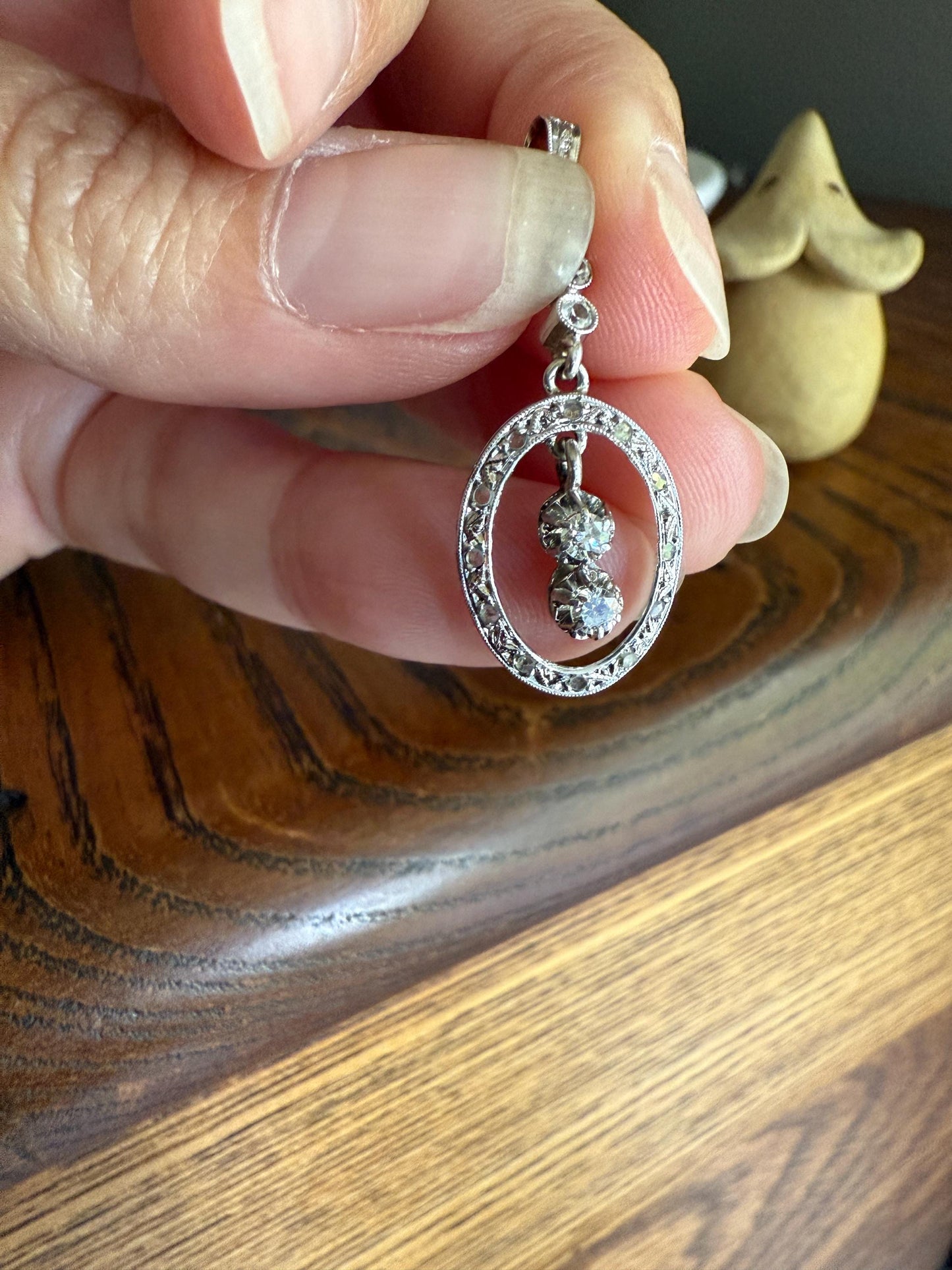 Oval Dangle Pendant 17 Old Mine Single Rose Cut DIAMOND Pendant 18k White Gold Open Work French Antique Linear Halo Geometric Sparkle