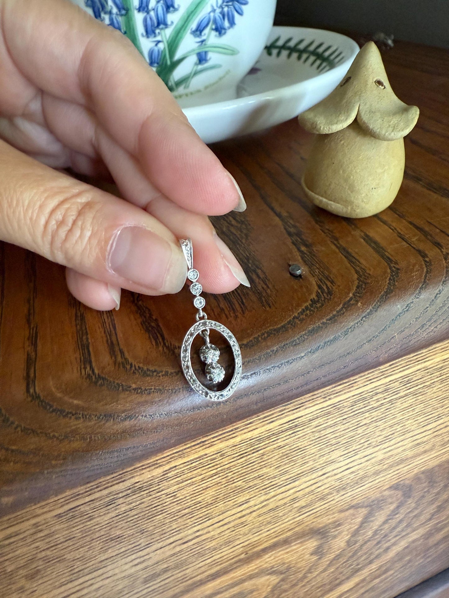 Oval Dangle Pendant 17 Old Mine Single Rose Cut DIAMOND Pendant 18k White Gold Open Work French Antique Linear Halo Geometric Sparkle