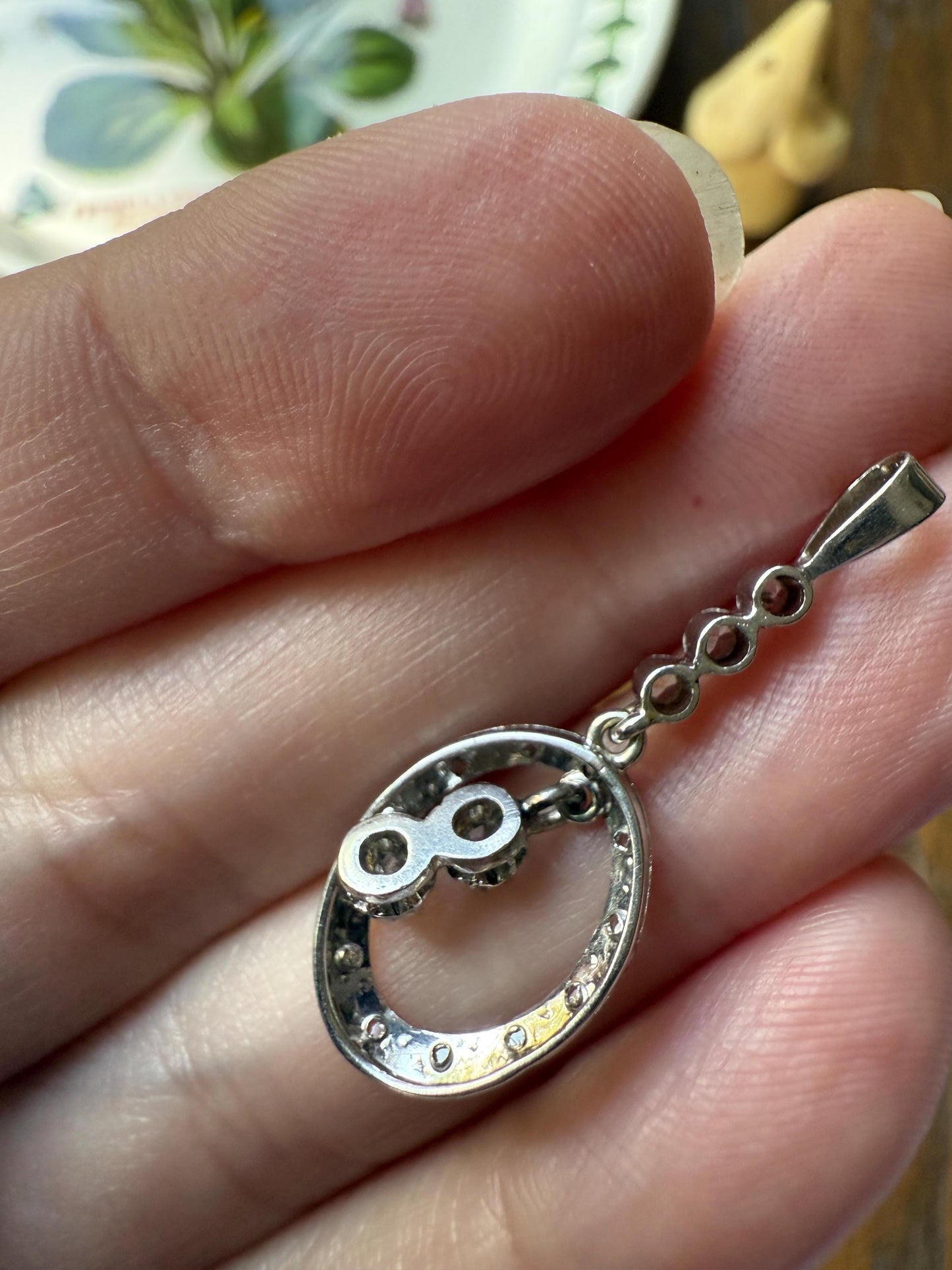 Oval Dangle Pendant 17 Old Mine Single Rose Cut DIAMOND Pendant 18k White Gold Open Work French Antique Linear Halo Geometric Sparkle
