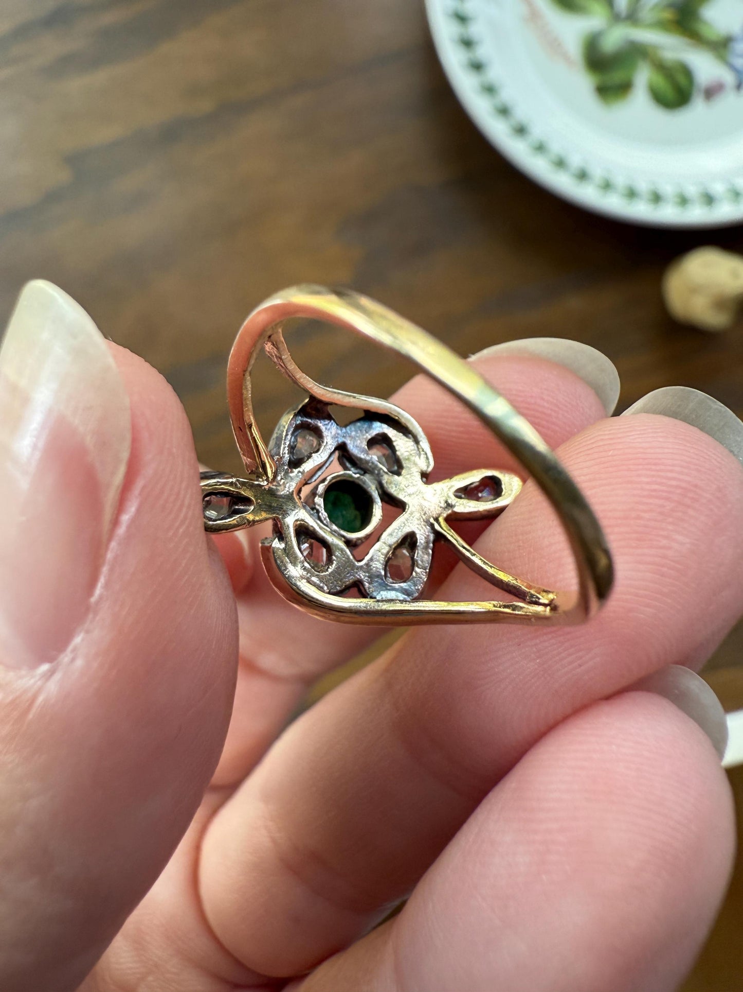Double Clover EMERALD Rose Cut Diamond Whimsical Figural Ring 14k Gold Silver Unique Large Scale Stacker Band Green Sparkle