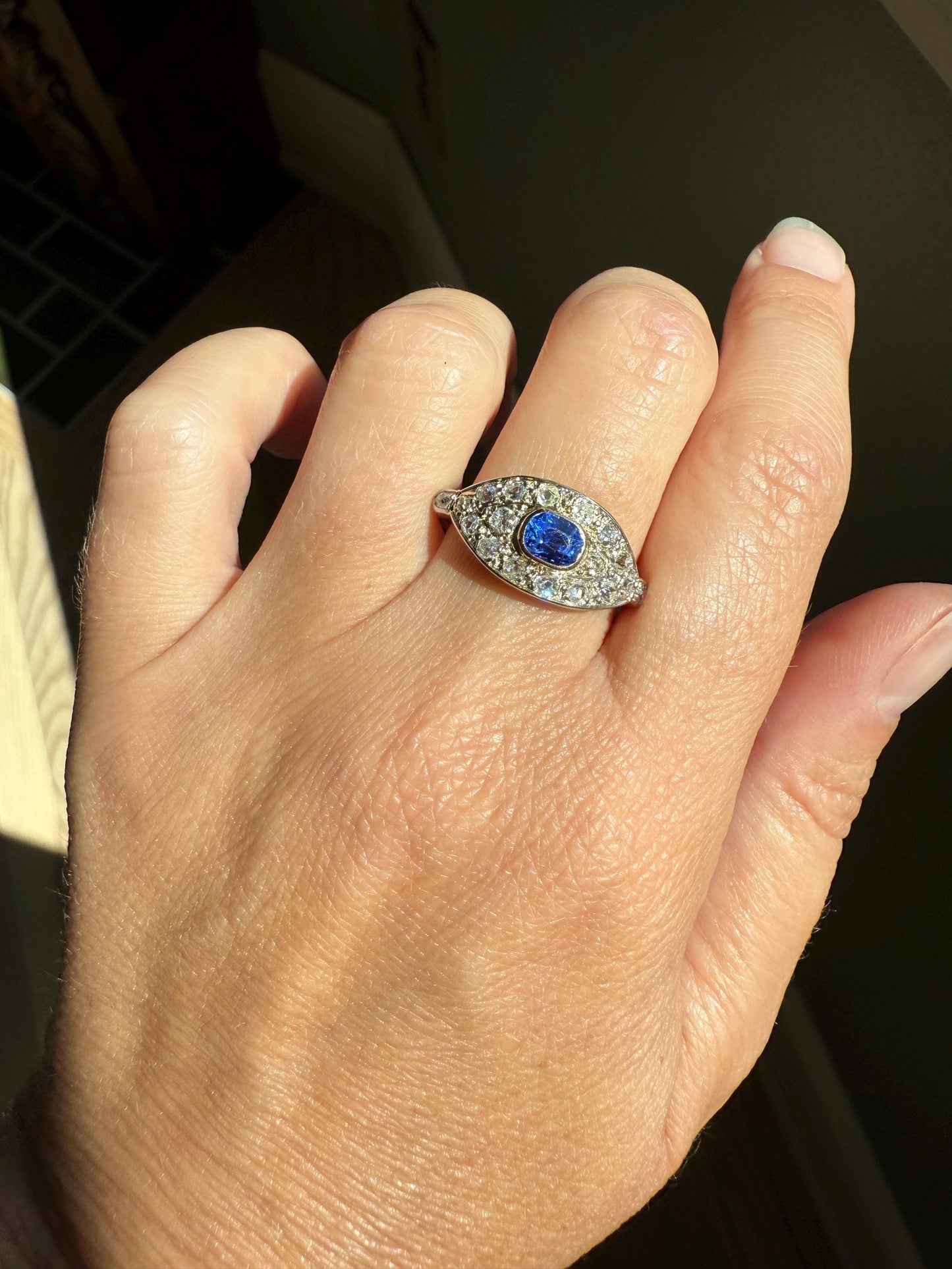 East West SAPPHIRE .8Ctw Old Mine Cut DIAMOND Antique Ring French 18k Gold Blue Stacker Band Pave Domed Shield Edwardian Cobblestone Texture