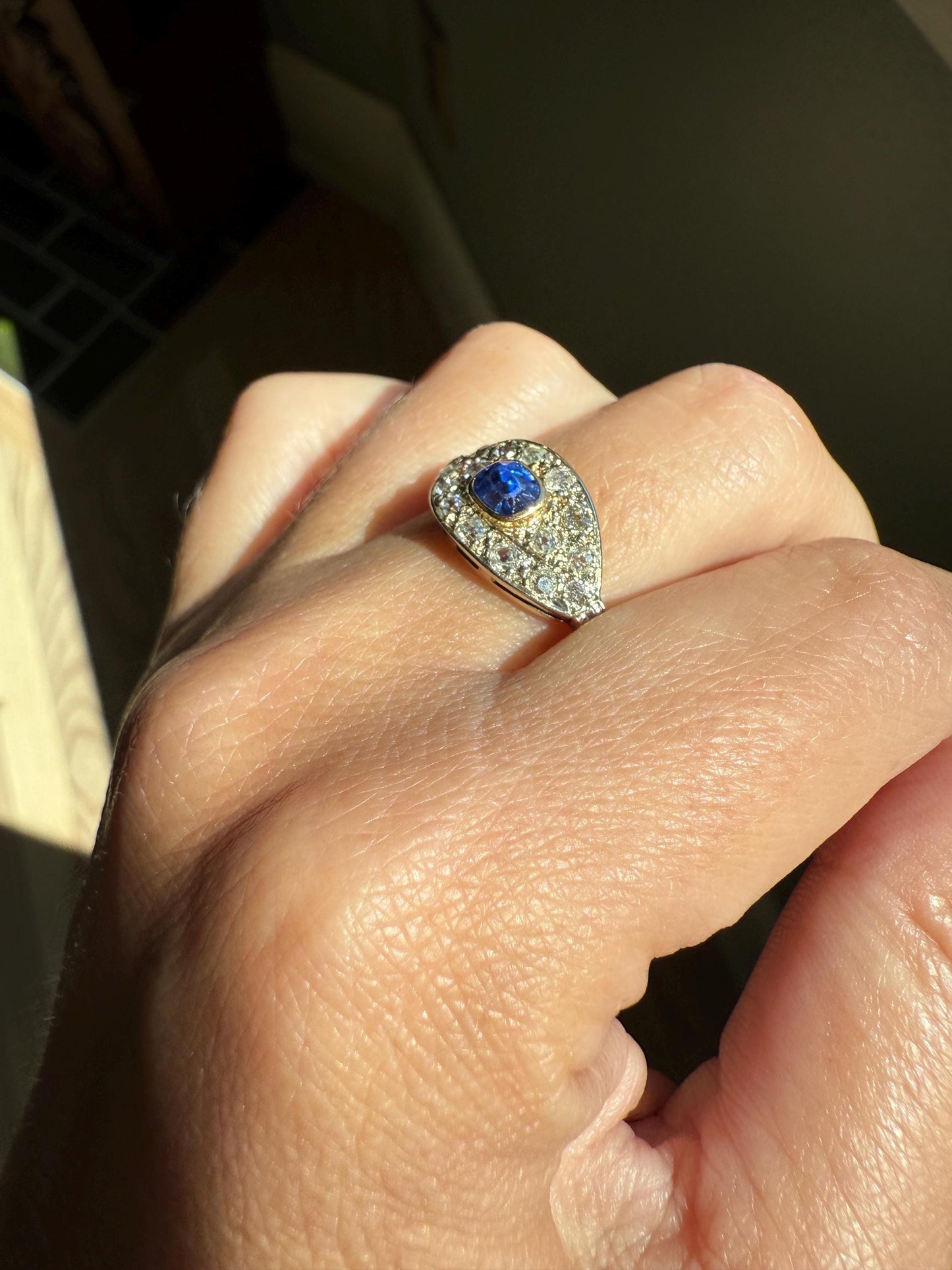 East West SAPPHIRE .8Ctw Old Mine Cut DIAMOND Antique Ring French 18k Gold Blue Stacker Band Pave Domed Shield Edwardian Cobblestone Texture