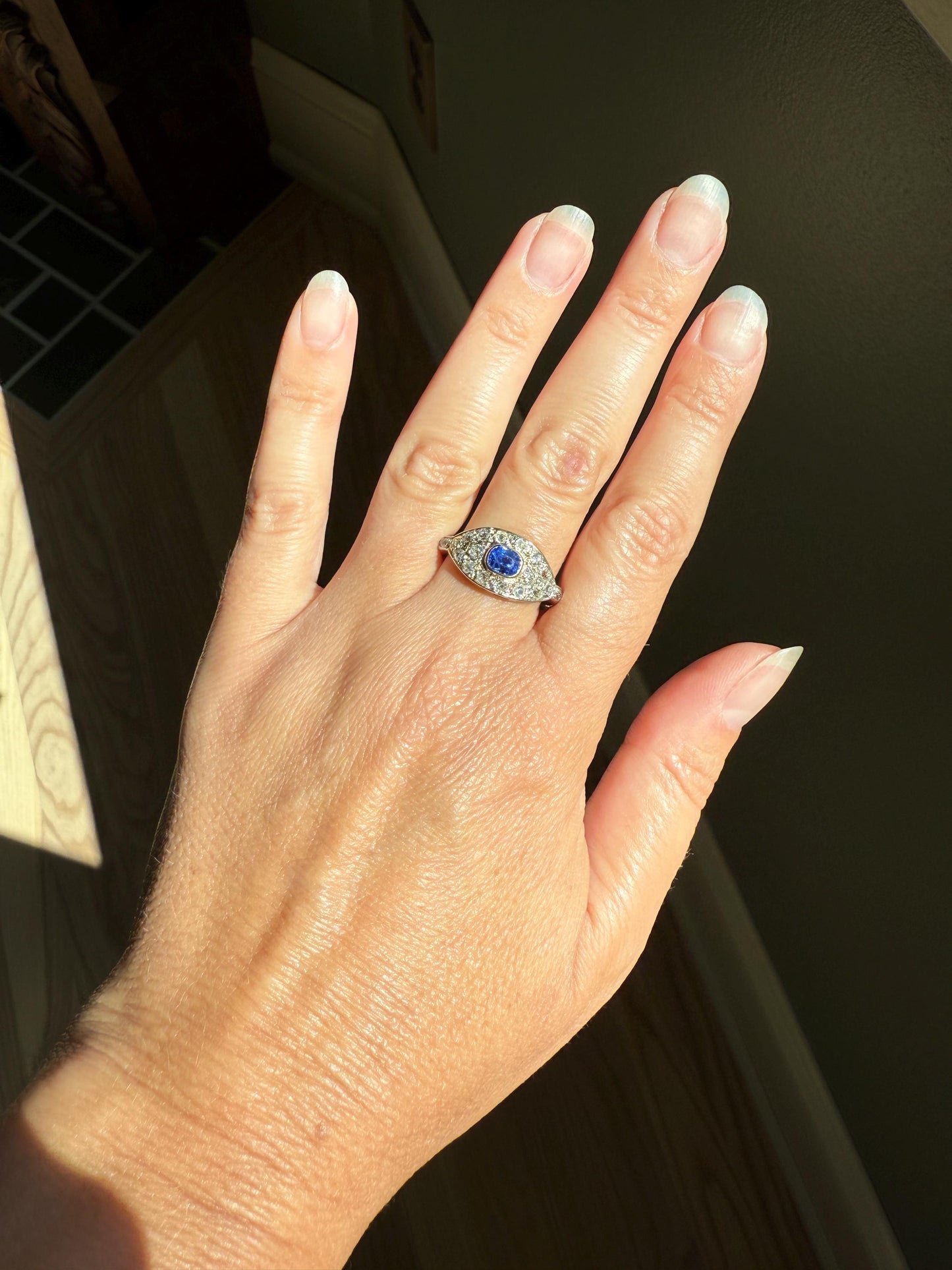 East West SAPPHIRE .8Ctw Old Mine Cut DIAMOND Antique Ring French 18k Gold Blue Stacker Band Pave Domed Shield Edwardian Cobblestone Texture