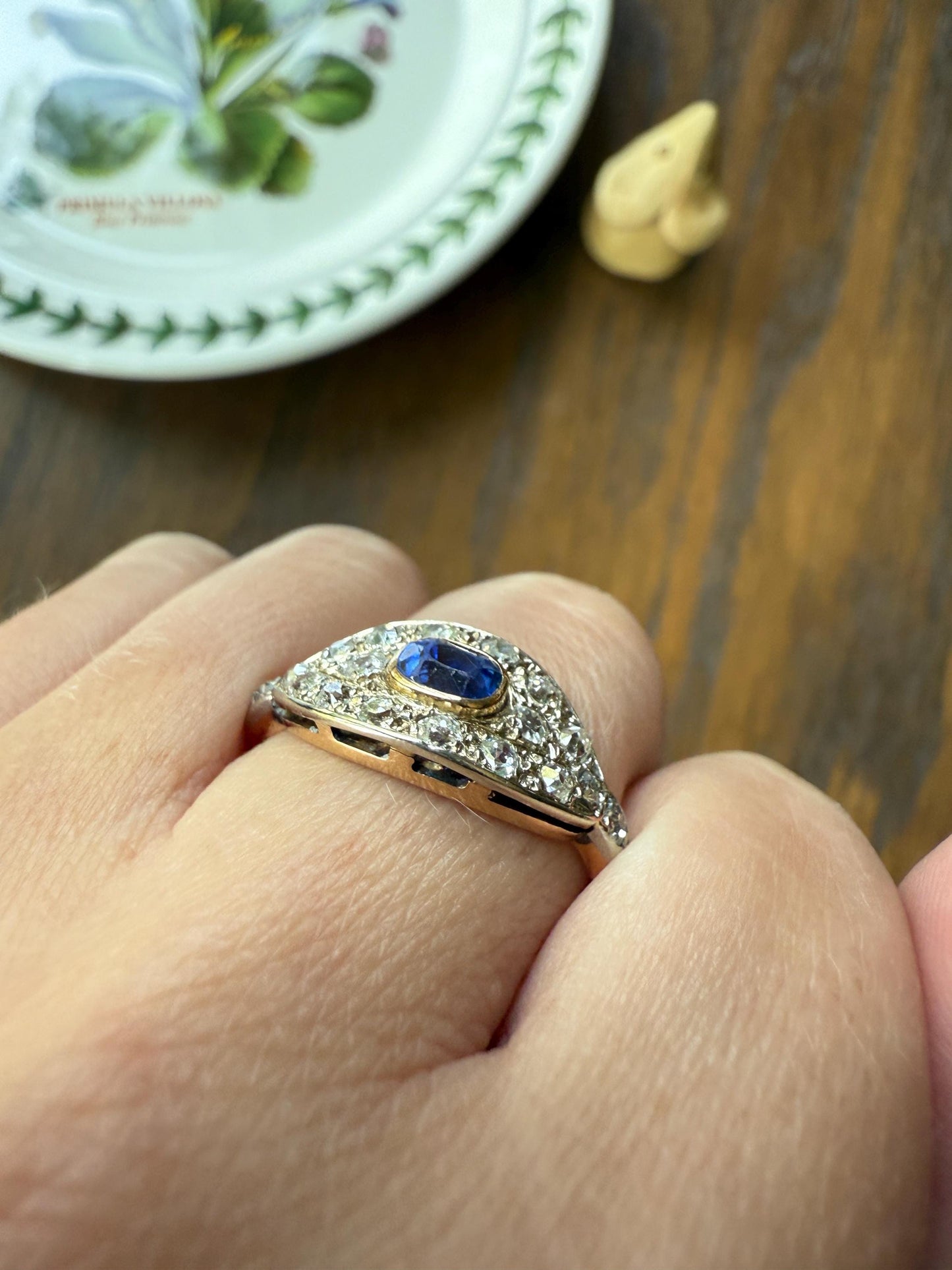 East West SAPPHIRE .8Ctw Old Mine Cut DIAMOND Antique Ring French 18k Gold Blue Stacker Band Pave Domed Shield Edwardian Cobblestone Texture