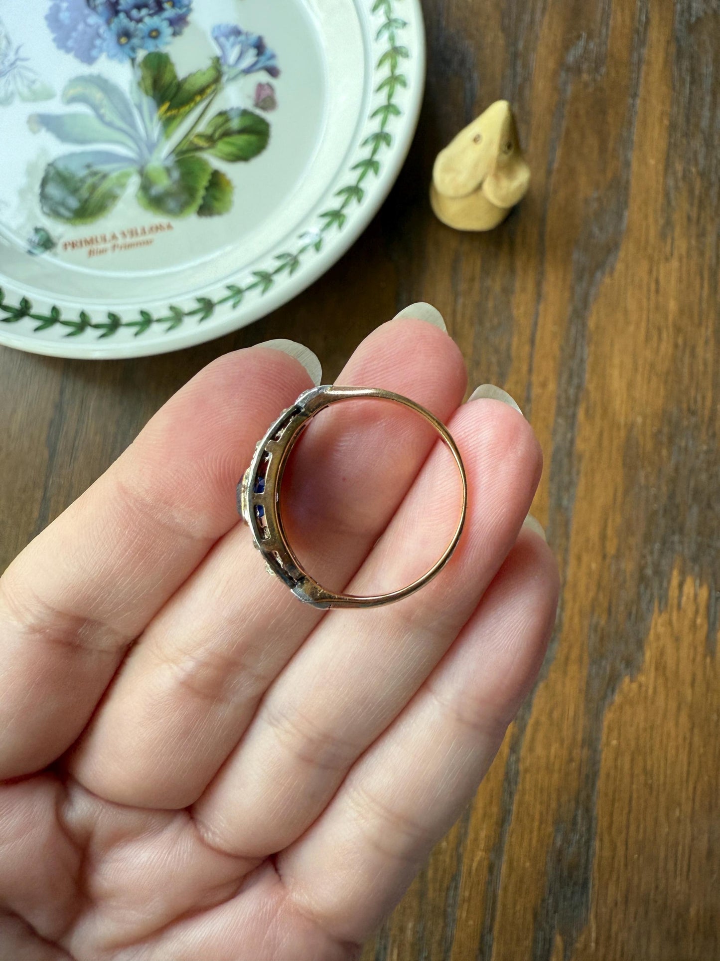 East West SAPPHIRE .8Ctw Old Mine Cut DIAMOND Antique Ring French 18k Gold Blue Stacker Band Pave Domed Shield Edwardian Cobblestone Texture