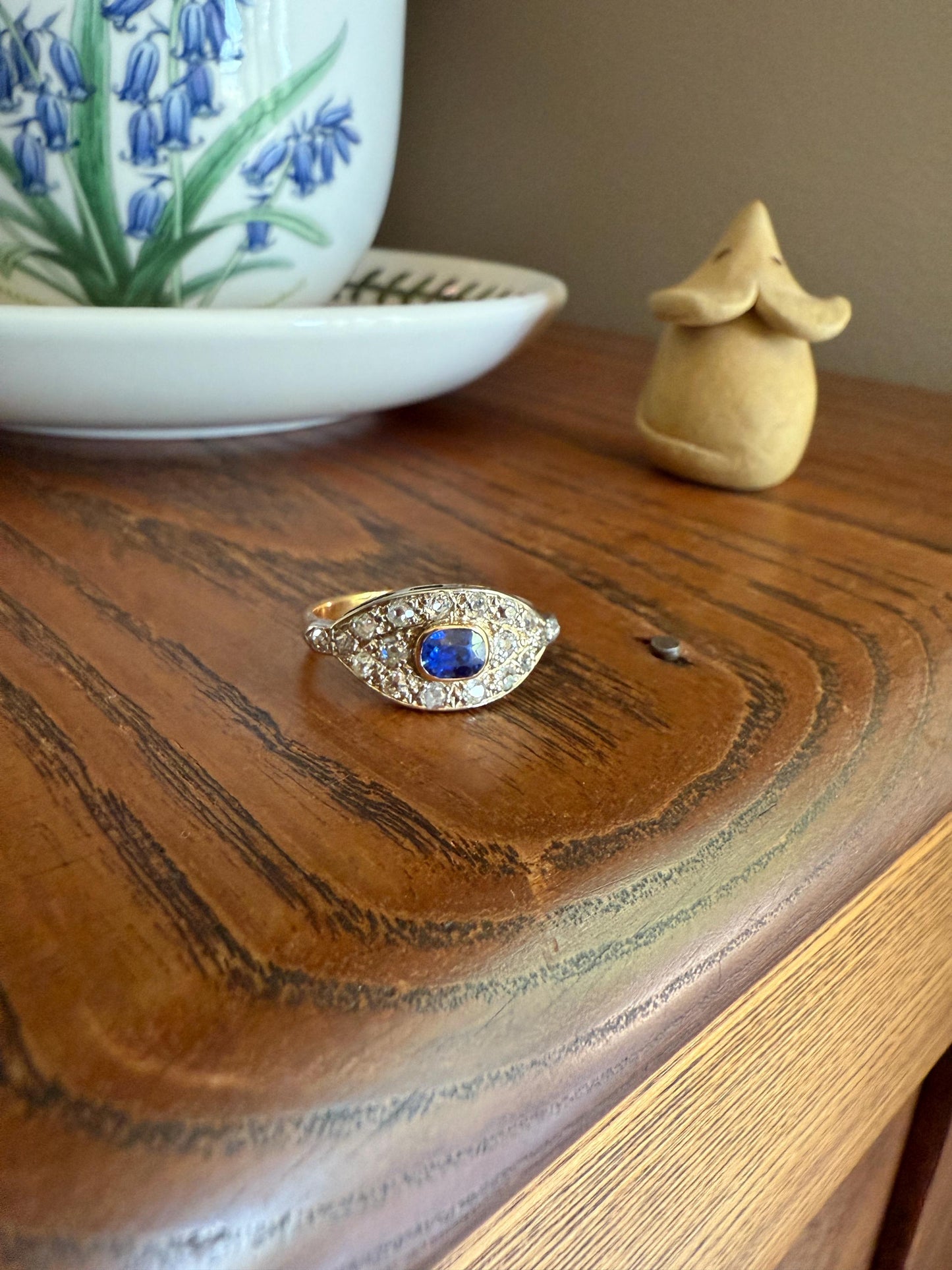 East West SAPPHIRE .8Ctw Old Mine Cut DIAMOND Antique Ring French 18k Gold Blue Stacker Band Pave Domed Shield Edwardian Cobblestone Texture