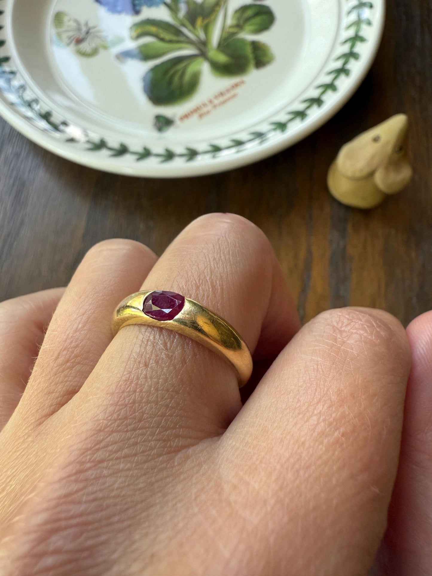 RUBY Vintage 4.3mm Gypsy Ring 18k Gold French Domed Skinny Band Solitaire Red Pink Stacker East West Oval Line Romantic Gift