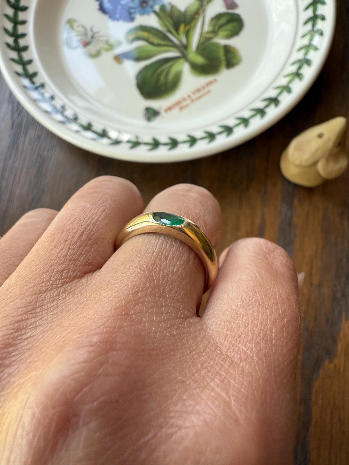 EMERALD Vintage 4.3mm Gypsy Ring 18k Gold French Domed Skinny Band Solitaire Green Stacker East West Oval Line Romantic Gift