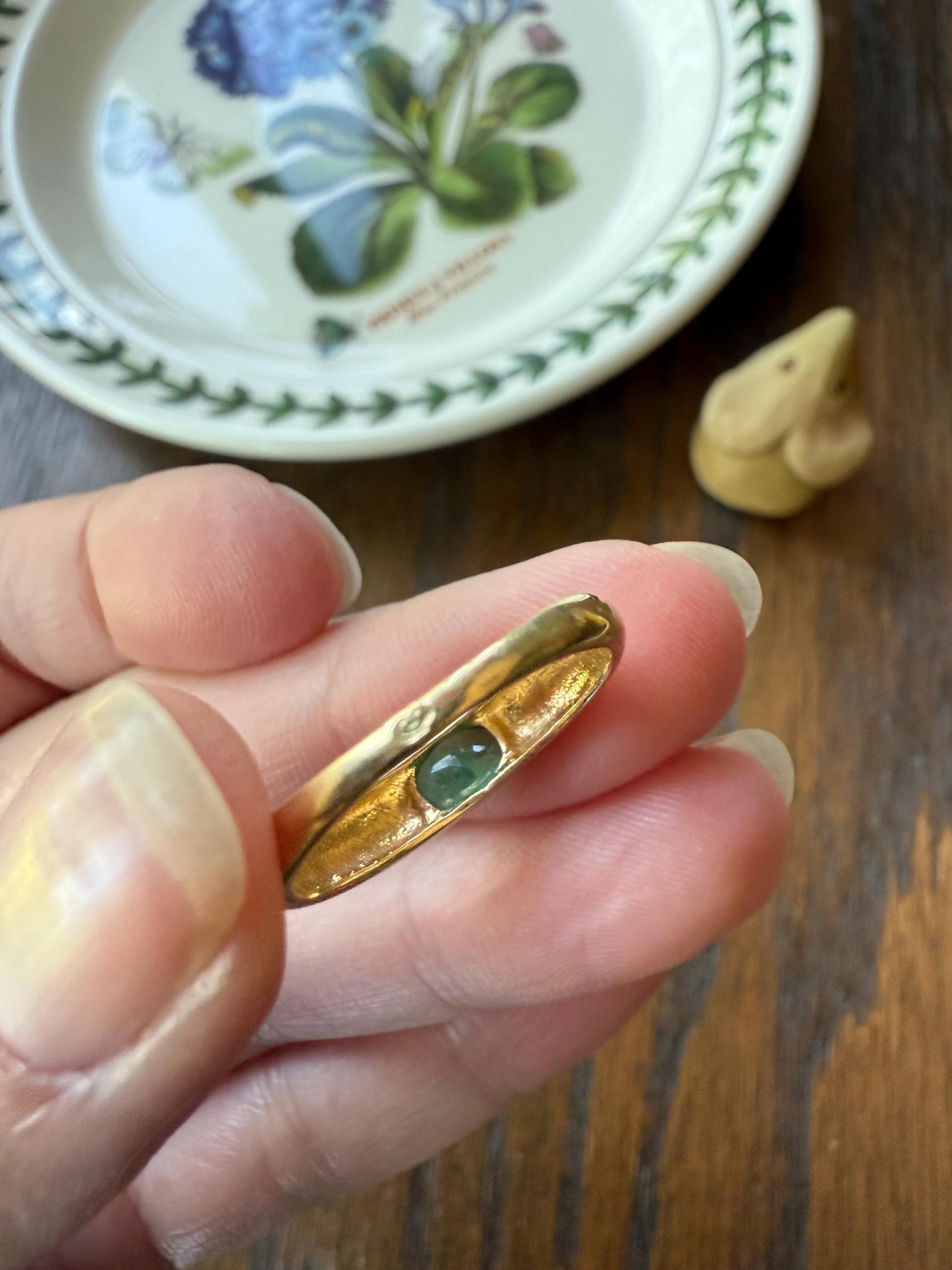 EMERALD Vintage 4.3mm Gypsy Ring 18k Gold French Domed Skinny Band Solitaire Green Stacker East West Oval Line Romantic Gift