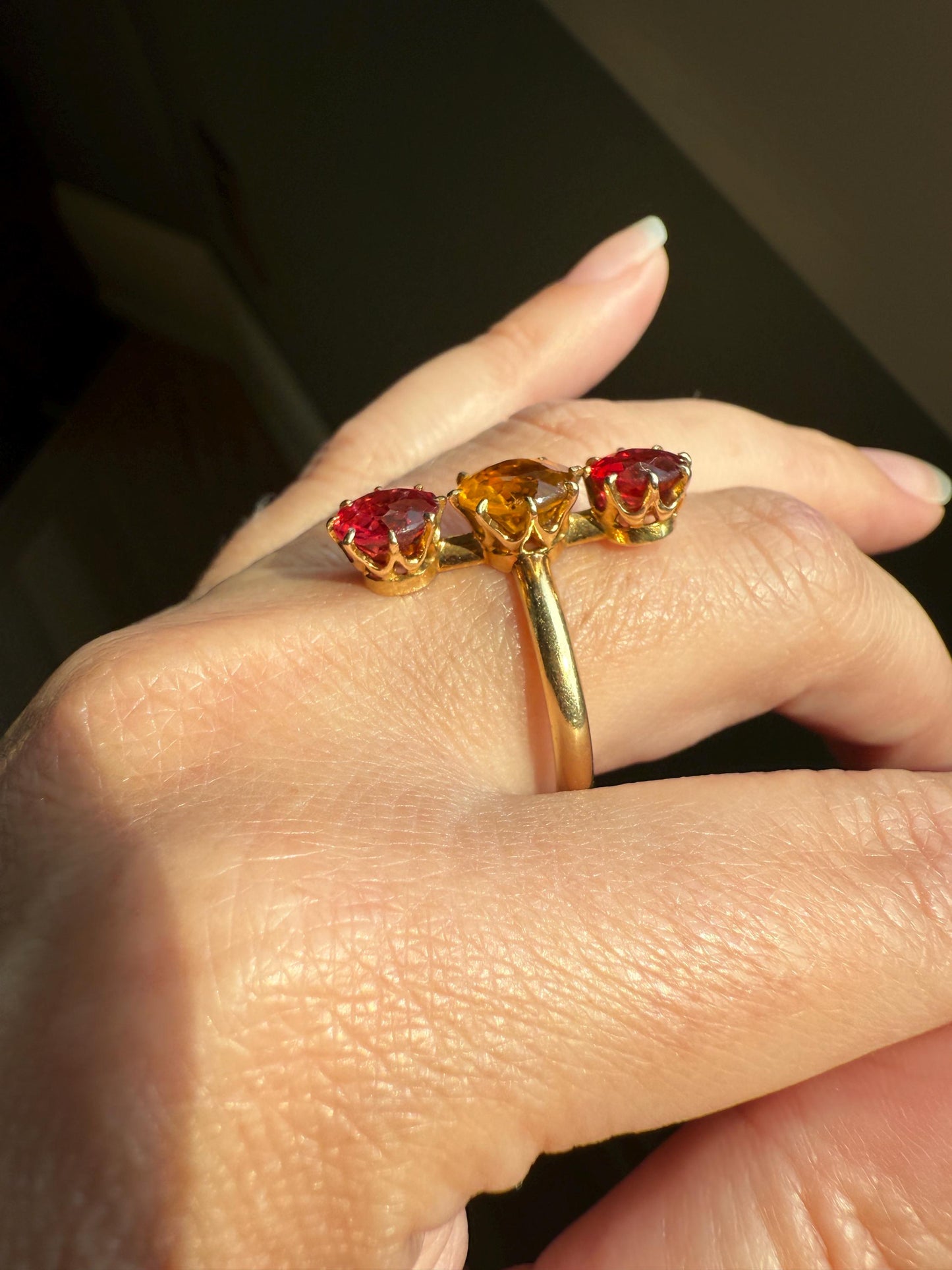 Dated 1924 Old Cut Antique Paste Three Stone Yellow & Red Crown Prong Setting 18k Gold Engraved Colorful Ringstack French Art Deco