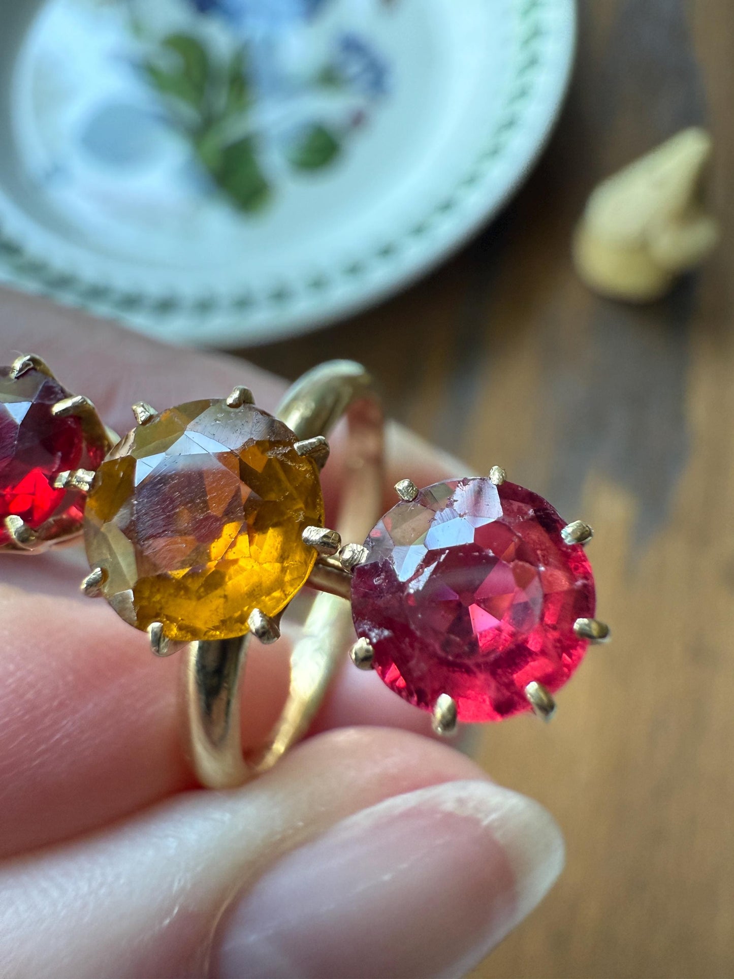 Dated 1924 Old Cut Antique Paste Three Stone Yellow & Red Crown Prong Setting 18k Gold Engraved Colorful Ringstack French Art Deco