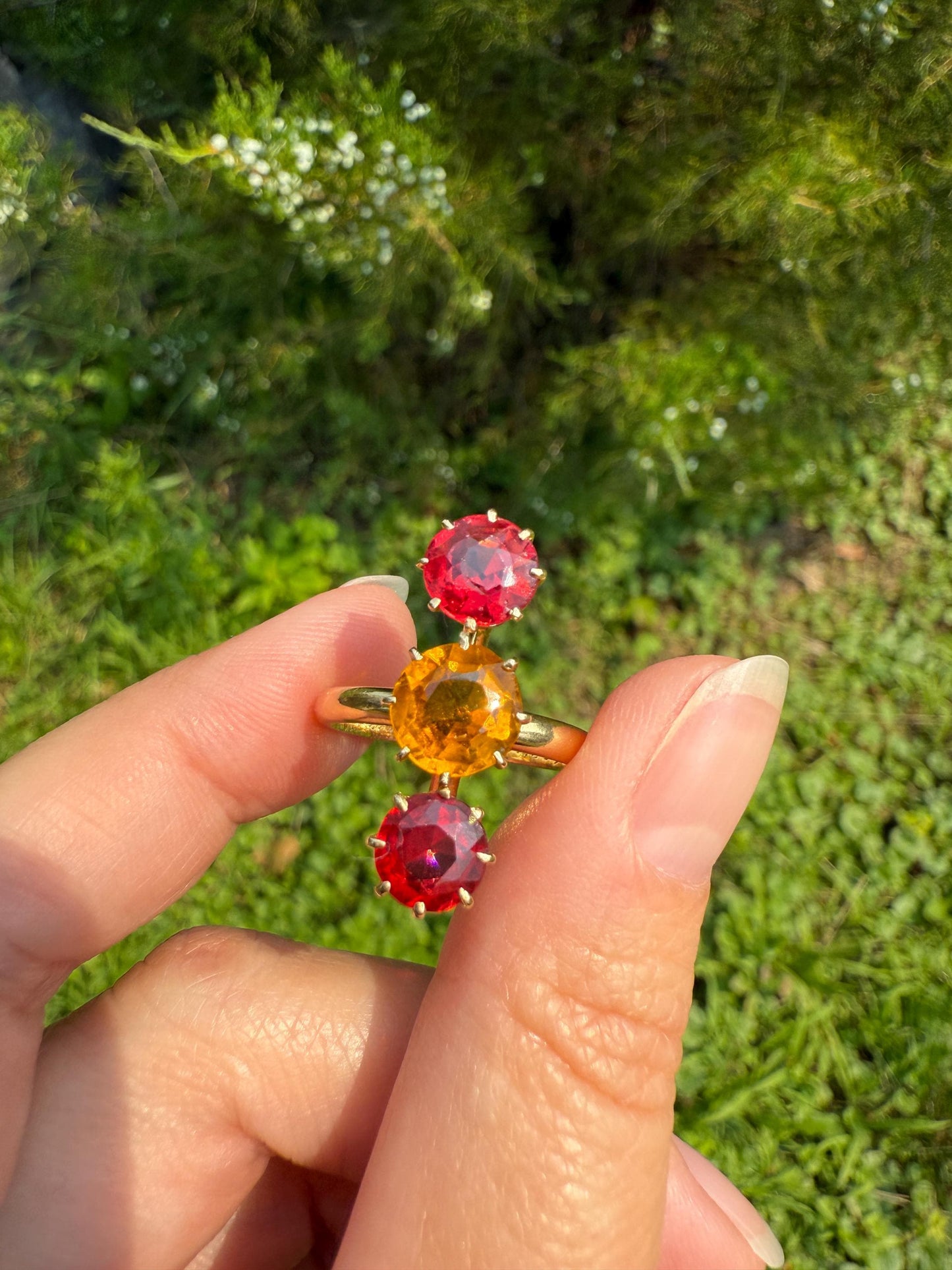 Dated 1924 Old Cut Antique Paste Three Stone Yellow & Red Crown Prong Setting 18k Gold Engraved Colorful Ringstack French Art Deco