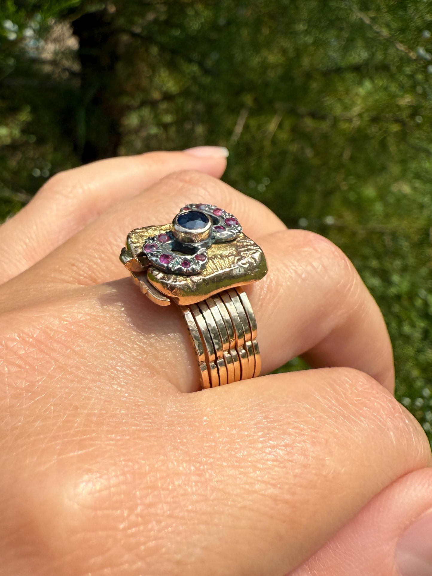 RARE 2 for 1 Convertible RING to BRACELET Surprise Antique Sapphire Ruby Bow 9k Gold Silver Top Clasp Expandable Secret