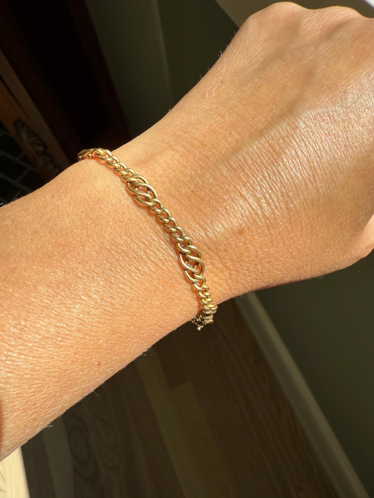Antique Victorian BRACELET 4.4g 18k Gold Solid French Belle Epoque Curb & Braid Link 5.1mm Staple Chain Wriststack Romantic Gift