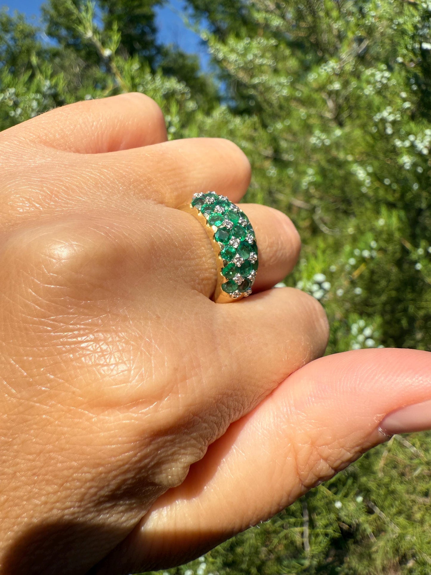 Vintage 1.25 Carat EMERALD DIAMOND 8mm Wide Band Domed Ring 18k Gold French Bombe Row Linear Stacker Green 21 Natural Stone Green Retro Gift