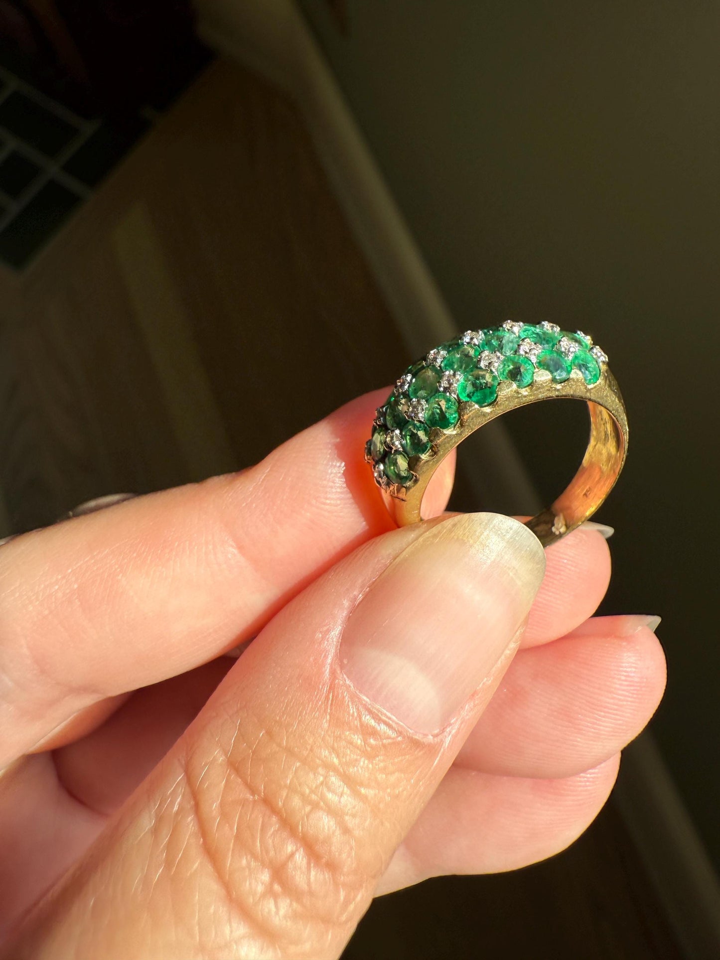 Vintage 1.25 Carat EMERALD DIAMOND 8mm Wide Band Domed Ring 18k Gold French Bombe Row Linear Stacker Green 21 Natural Stone Green Retro Gift