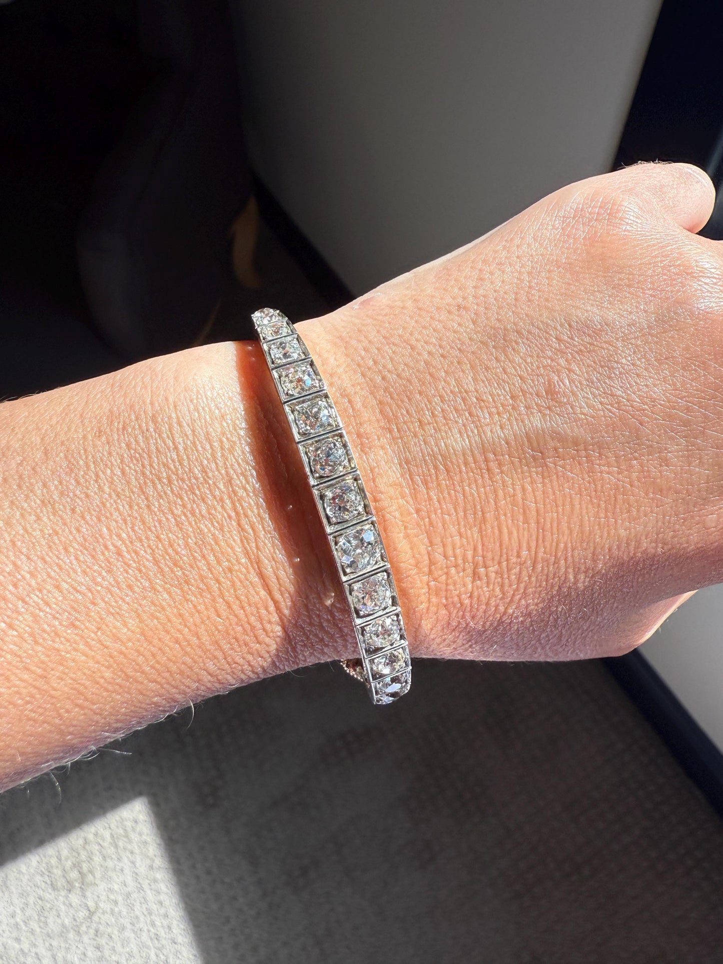 Antique 6.5 CARAT Old Mine Cut DIAMOND Hinged Bangle Line Bracelet 18k Gold Silver Top Edwardian Victorian Wriststack 6.5Ctw OMC Stacker