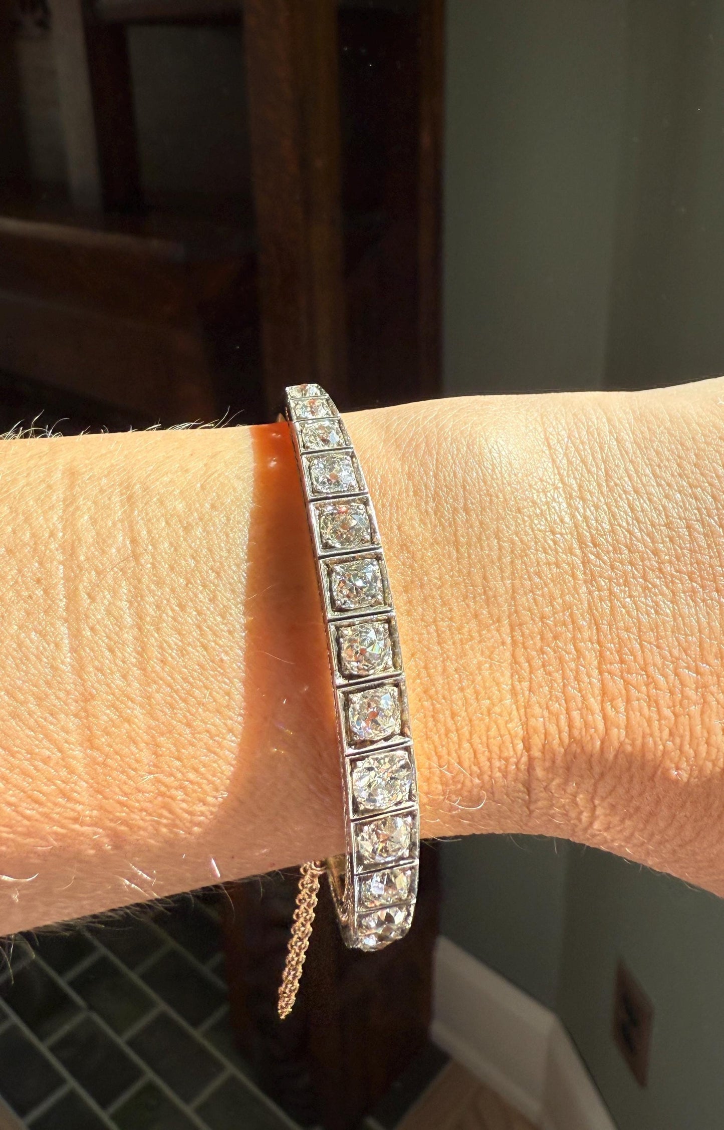Antique 6.5 CARAT Old Mine Cut DIAMOND Hinged Bangle Line Bracelet 18k Gold Silver Top Edwardian Victorian Wriststack 6.5Ctw OMC Stacker