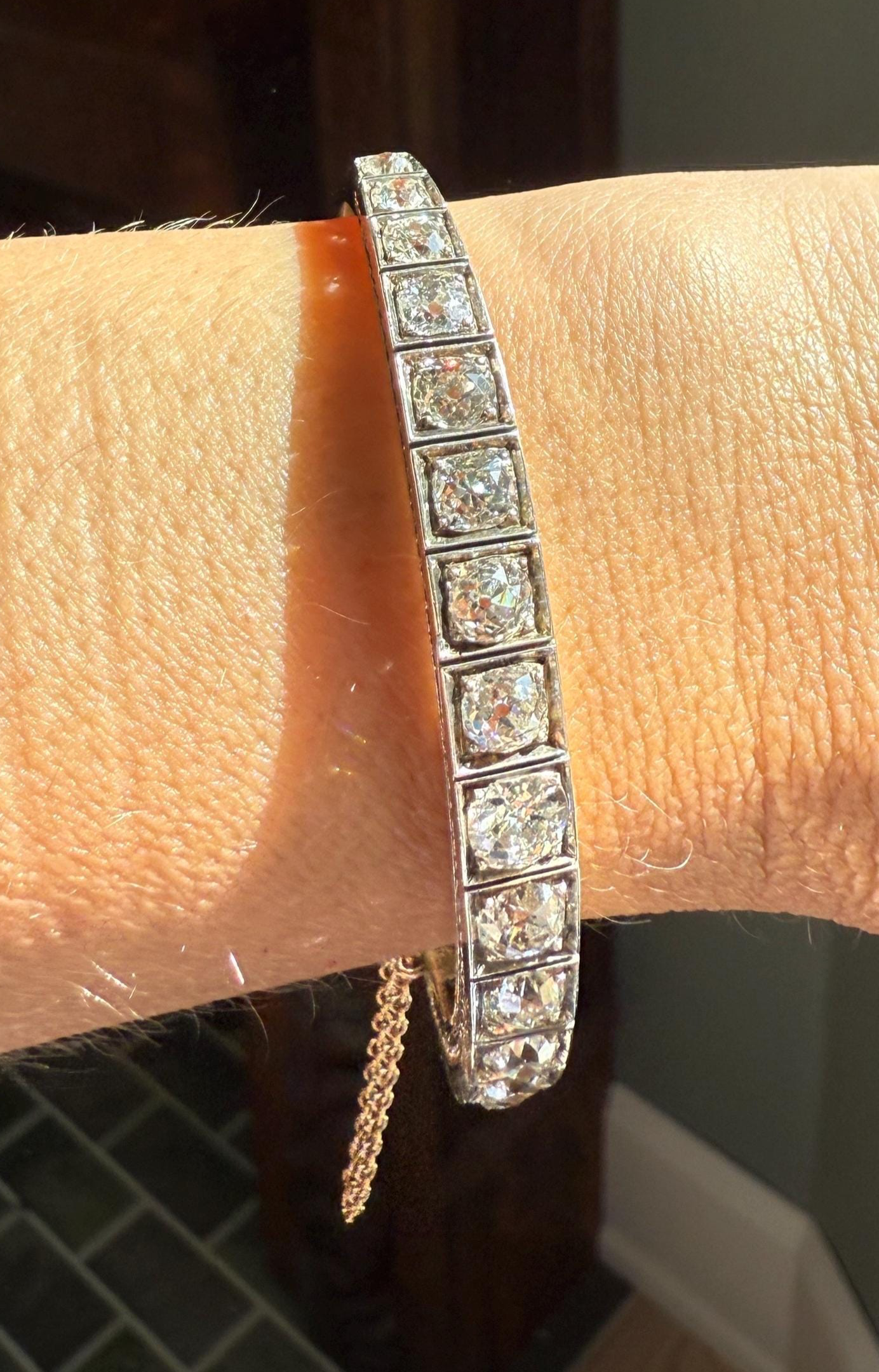 Antique 6.5 CARAT Old Mine Cut DIAMOND Hinged Bangle Line Bracelet 18k Gold Silver Top