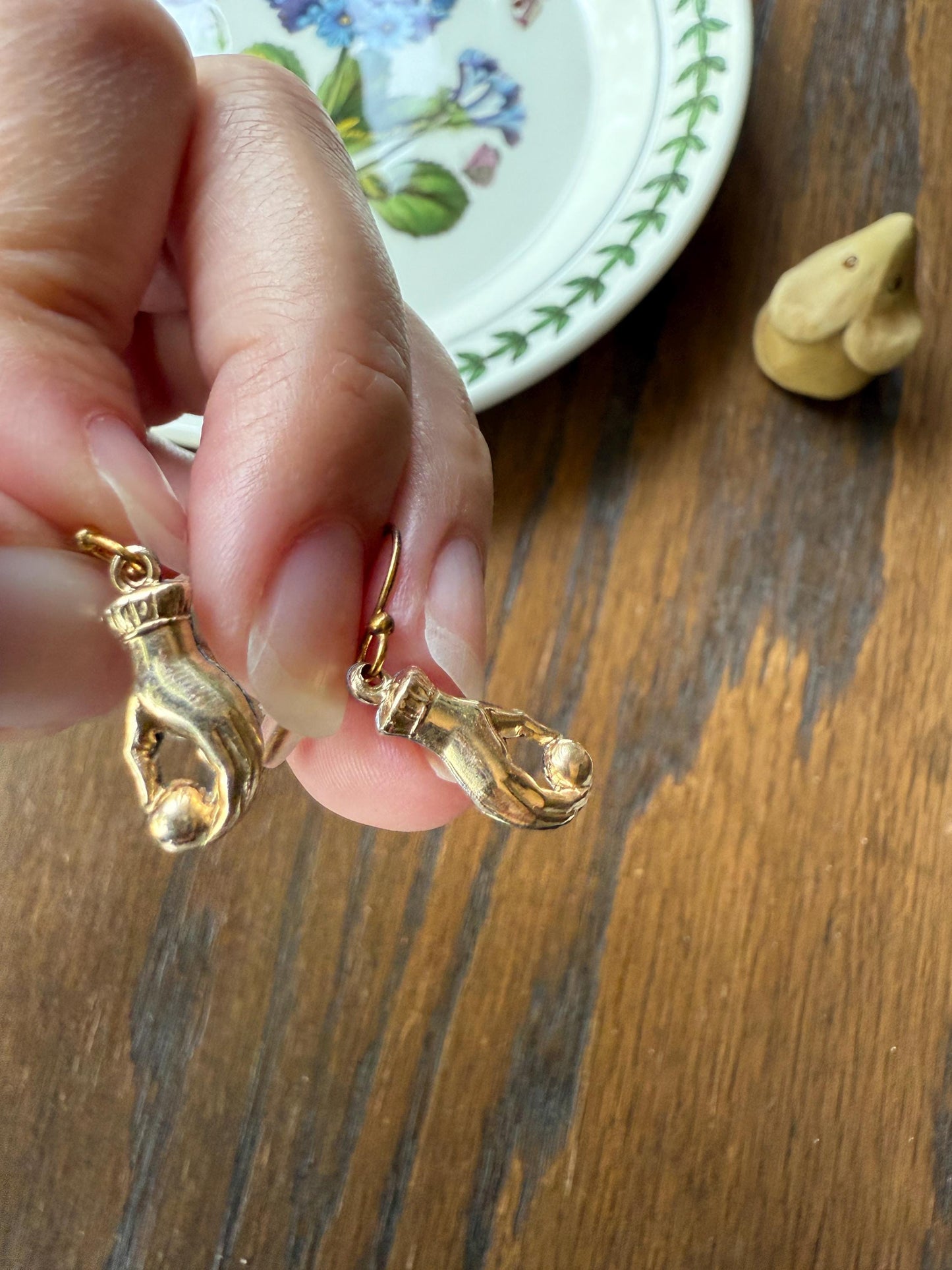 Antique Figural HAND Holding Ball Jester? Cuff Dangle Earrings 10k Gold Cased & GF Unique