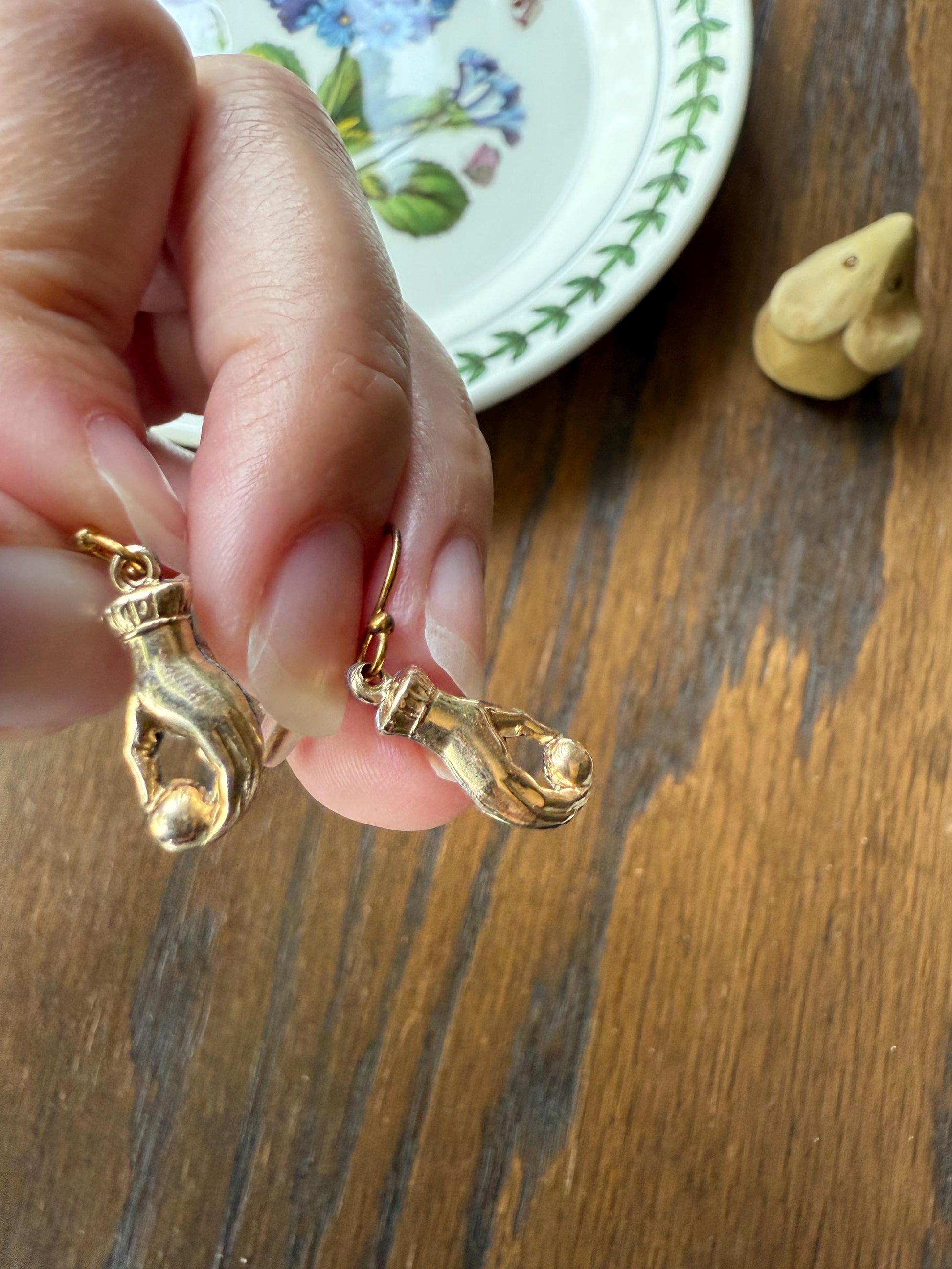Antique Figural HAND Holding Ball Jester? Cuff Dangle Earrings 10k Gold Cased & GF Unique