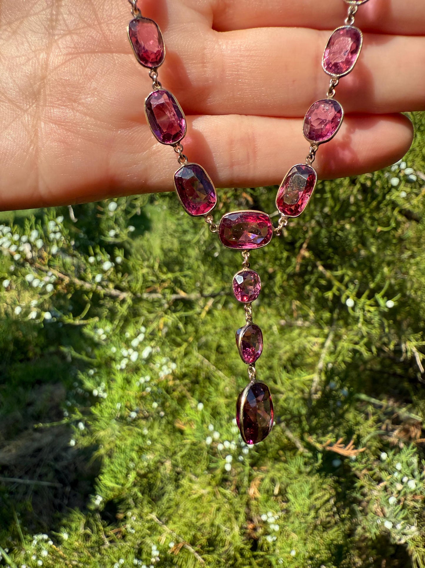 Antique 36 GARNET Riviera Station Chain 10k GOLD Berry Purple Pink Chunky Lariat Y Necklace Romantic Gift Neckmess Neckstack Collar