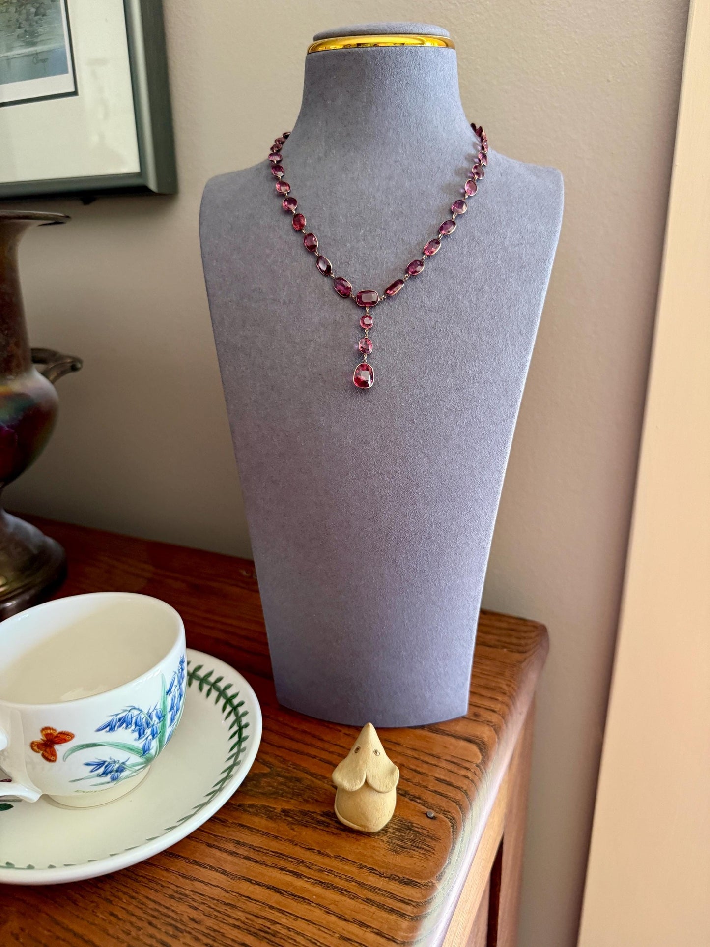 Antique 36 GARNET Riviera Station Chain 10k GOLD Berry Purple Pink Chunky Lariat Y Necklace Romantic Gift Neckmess Neckstack Collar