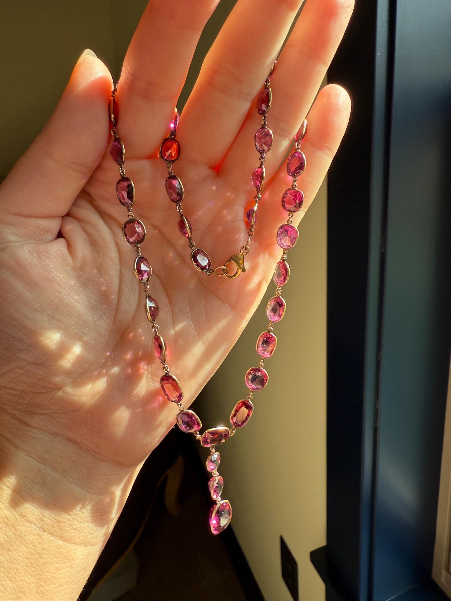Antique 36 GARNET Riviera Station Chain 10k GOLD Berry Purple Pink Chunky Lariat Y Necklace Romantic Gift Neckmess Neckstack Collar