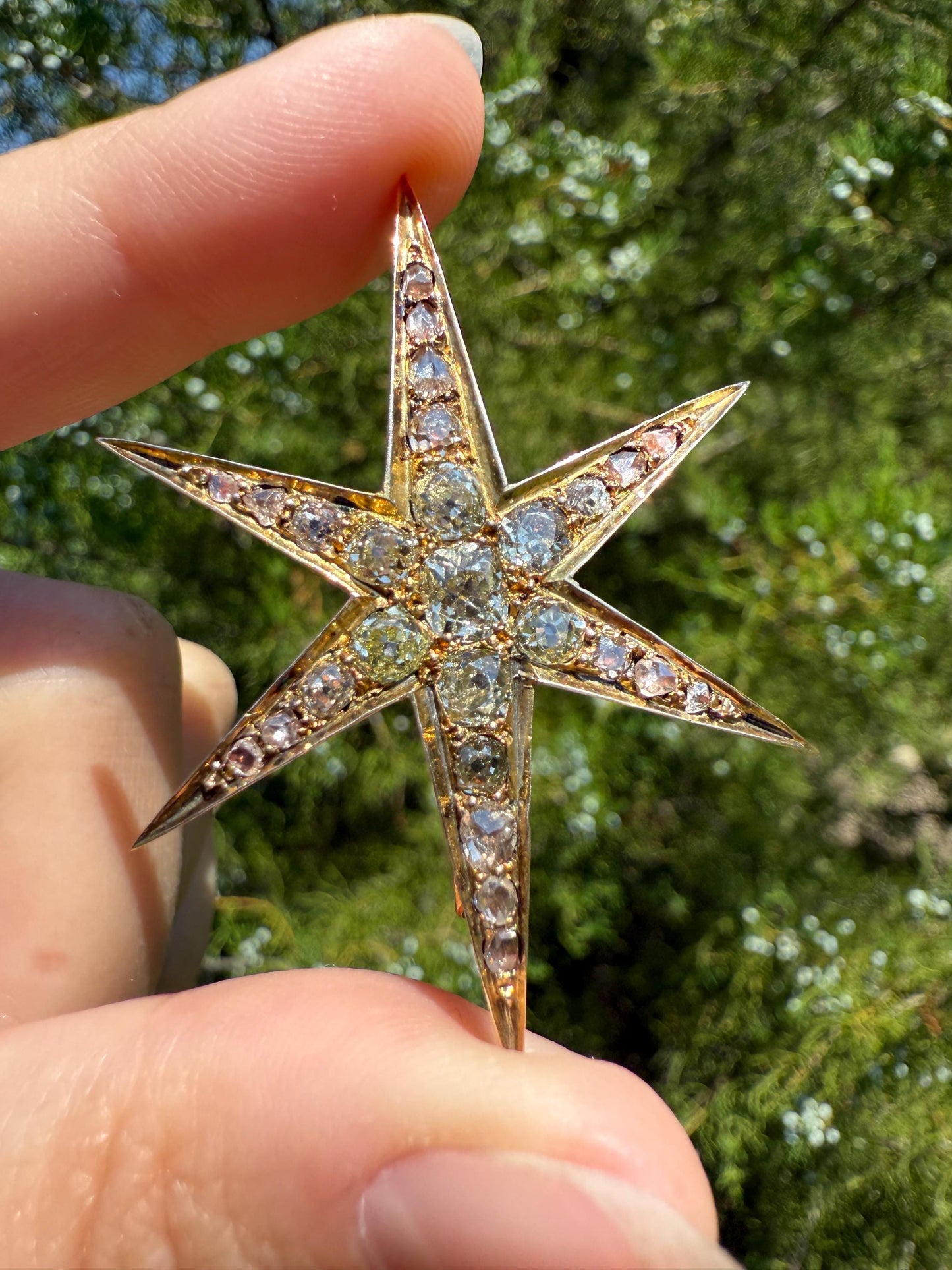 Mega STAR Antique 2.5 Carat 27 Rose Old Mine Cut DIAMOND Cluster Pin Brooch for Pendant Gilt Metal & 10k Gold Pin Brooch Victorian Gift OMC
