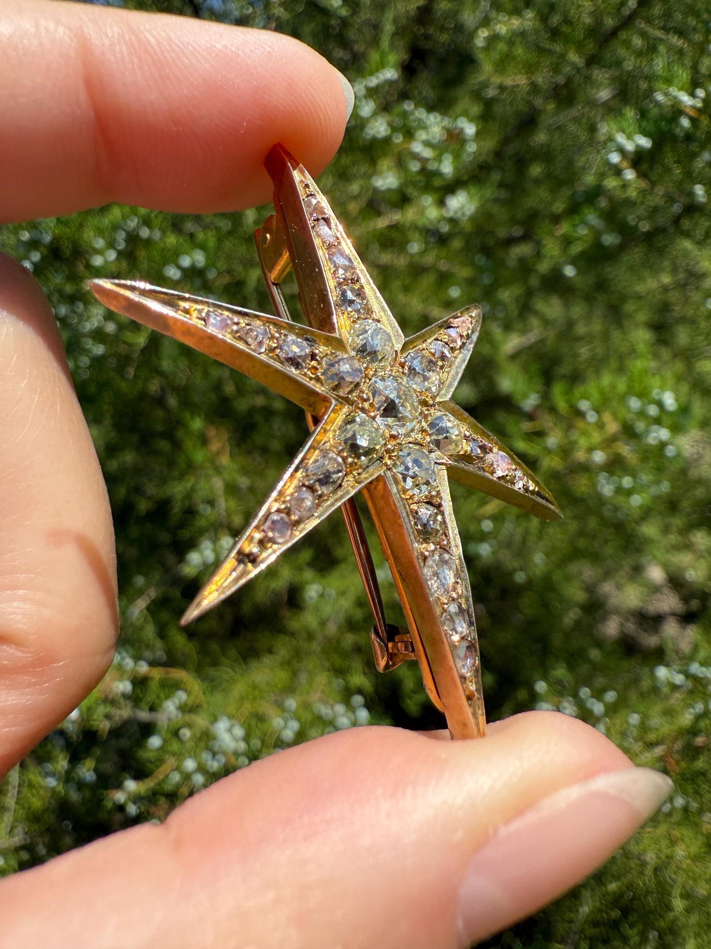 Mega STAR Antique 2.5 Carat 27 Rose Old Mine Cut DIAMOND Cluster Pin Brooch for Pendant Gilt Metal & 10k Gold Pin Brooch Victorian Gift OMC
