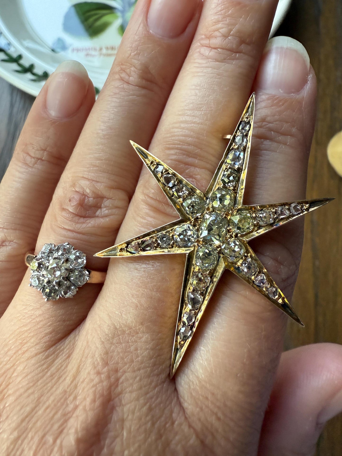 Mega STAR Antique 2.5 Carat 27 Rose Old Mine Cut DIAMOND Cluster Pin Brooch for Pendant Gilt Metal & 10k Gold Pin Brooch Victorian Gift OMC