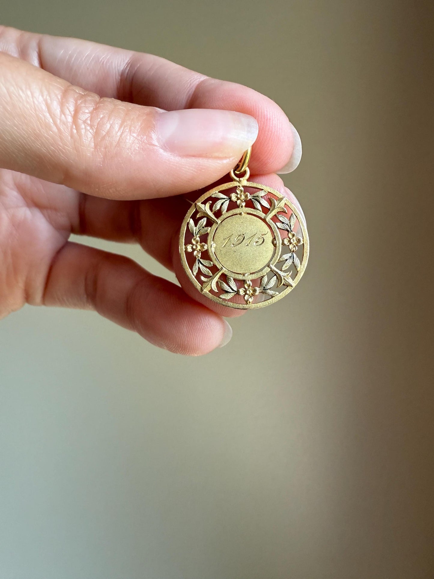 DATED June 1915 Souvenir Green Leaf Forget Me Not French Engraved Love Medal Art Nouveau Antique 18k Gold PENDANT Belle Epoque Floral Gift