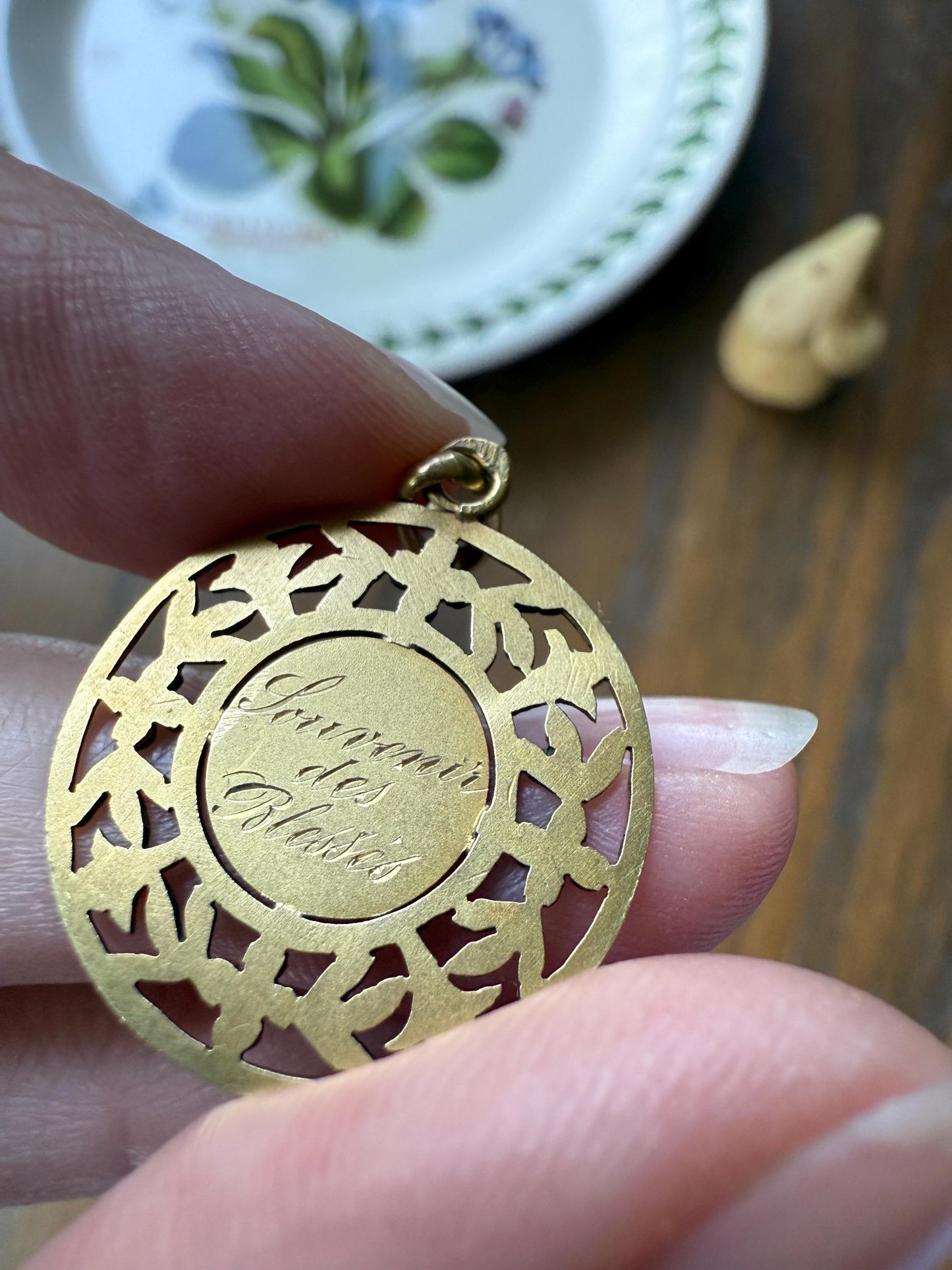DATED June 1915 Souvenir Green Leaf Forget Me Not French Engraved Love Medal Art Nouveau Antique 18k Gold PENDANT Belle Epoque Floral Gift