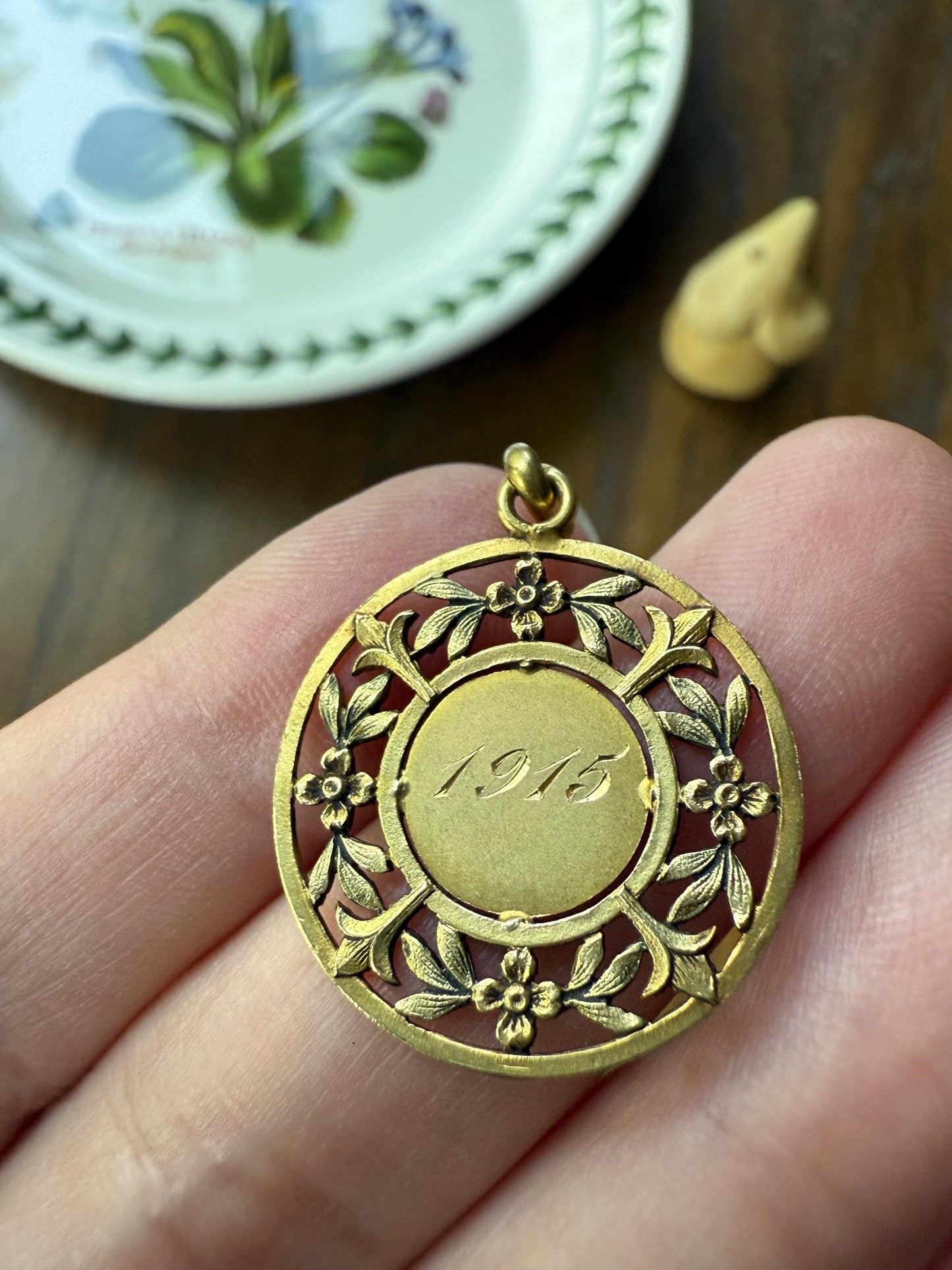 DATED June 1915 Souvenir Green Leaf Forget Me Not French Engraved Love Medal Art Nouveau Antique 18k Gold PENDANT Belle Epoque Floral Gift