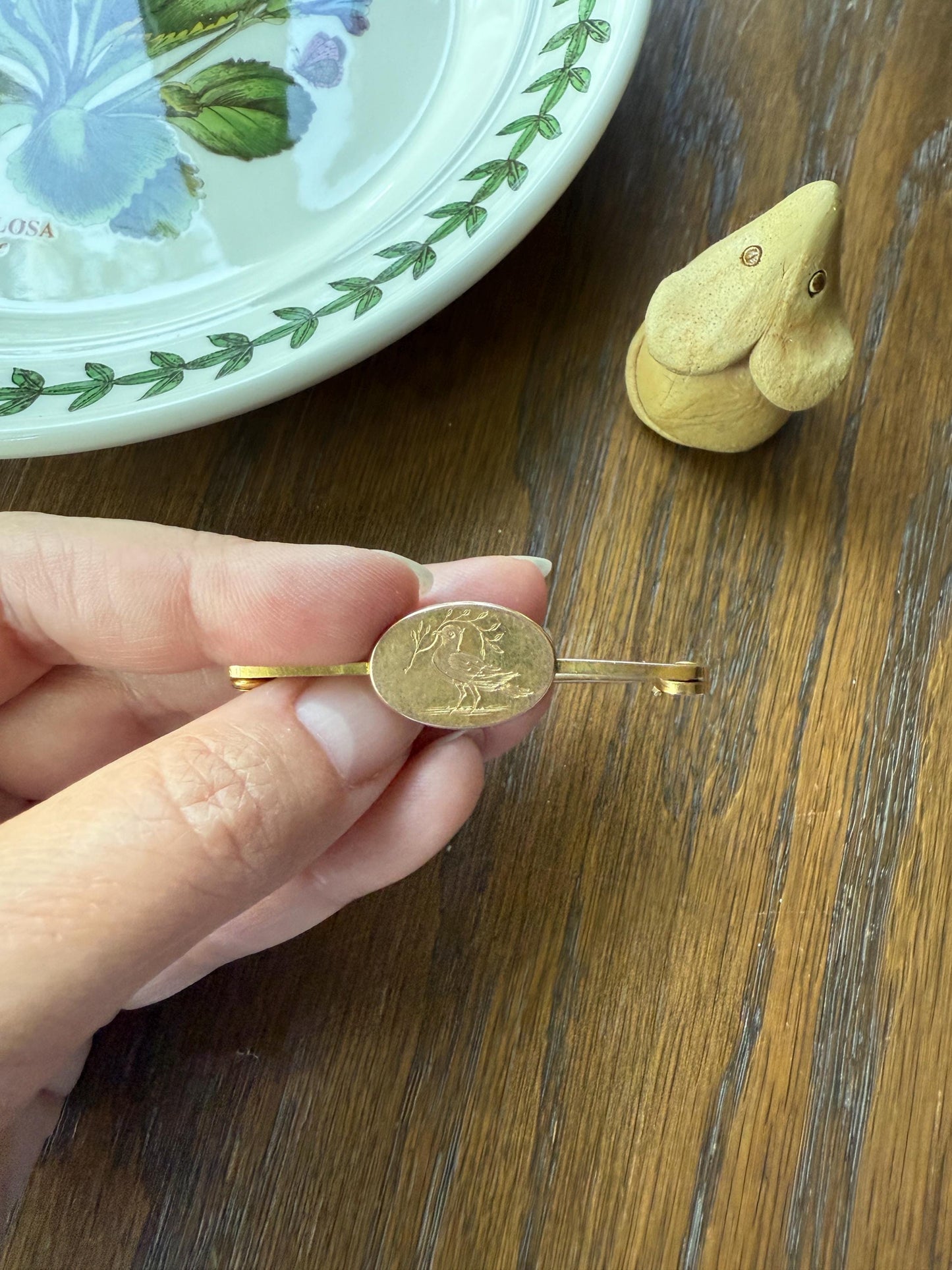 DOVE of Peace Bird Olive Branch Antique Victorian Hand Engraved Safety Pin Extender Connector Charm Holder 9k Gold Animal Jewelry Oval