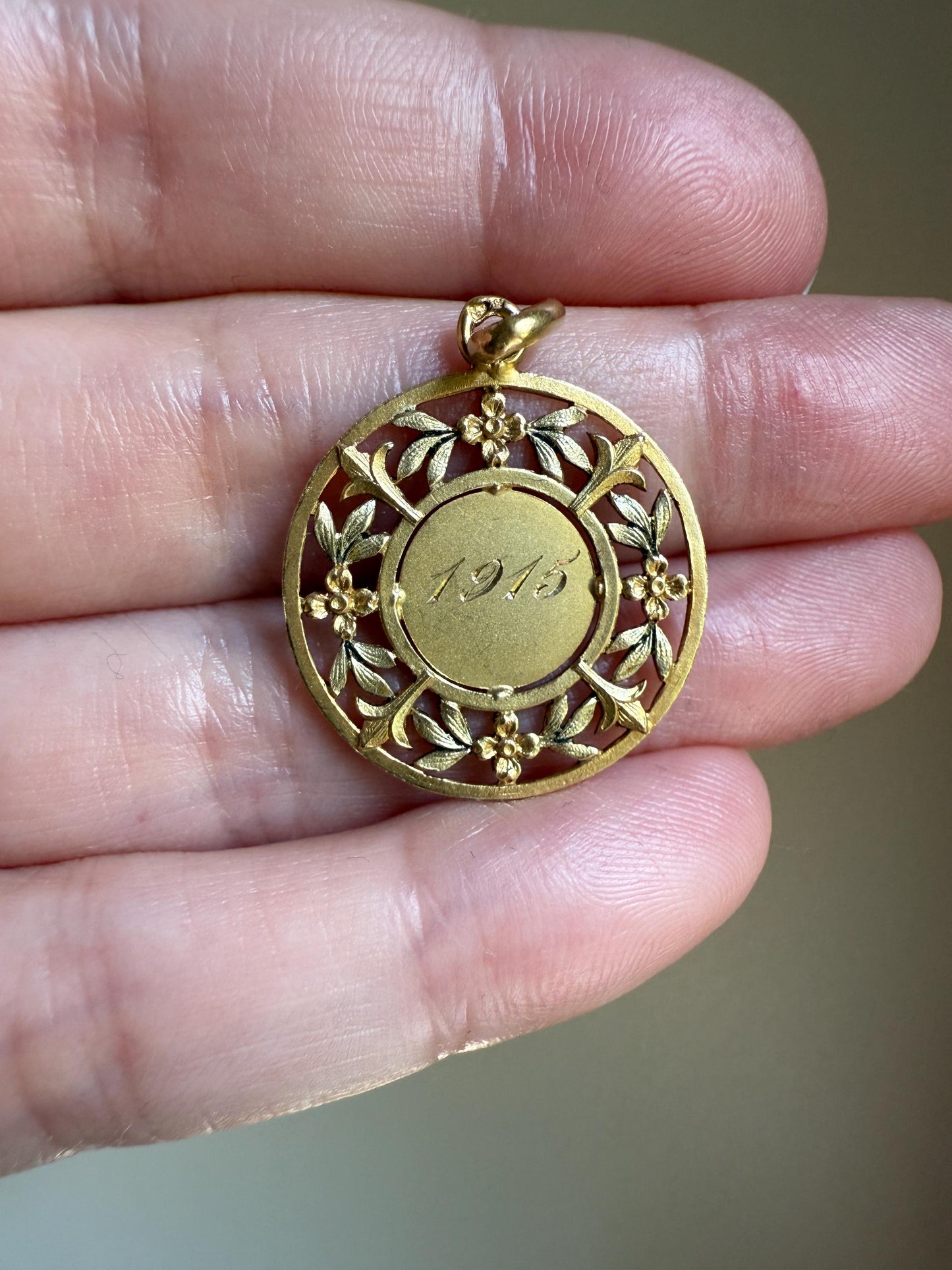 DATED June 1915 Souvenir Green Leaf Forget Me Not French Engraved Love Medal Art Nouveau Antique 18k Gold PENDANT Belle Epoque Floral Gift
