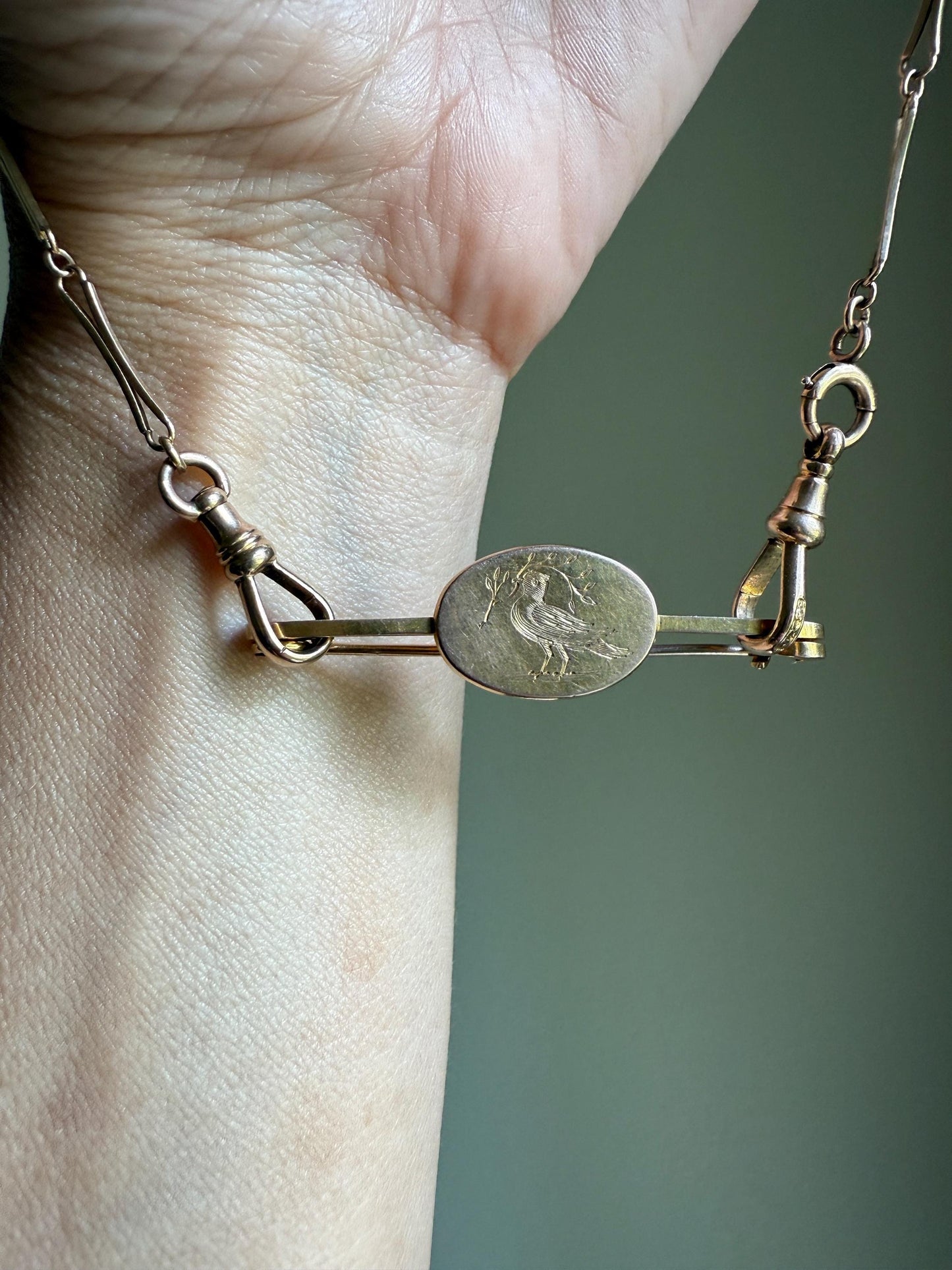 DOVE of Peace Bird Olive Branch Antique Victorian Hand Engraved Safety Pin Extender Connector Charm Holder 9k Gold Animal Jewelry Oval