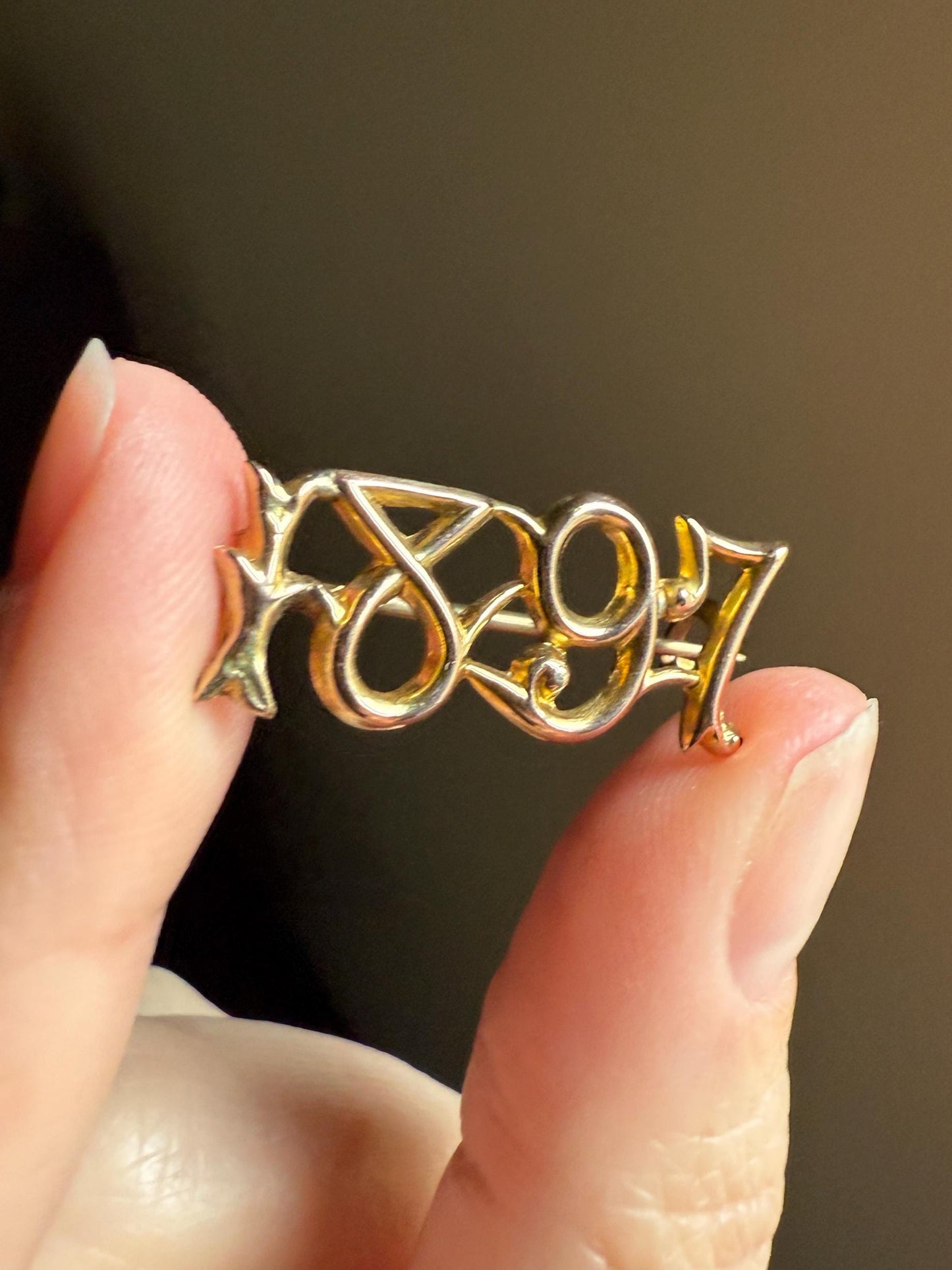 Figural 1897 DATED Antique Victorian Ornate Pin Brooch Extender Connector Charm Holder 9k Gold Provenance 3D Cutout Openwork