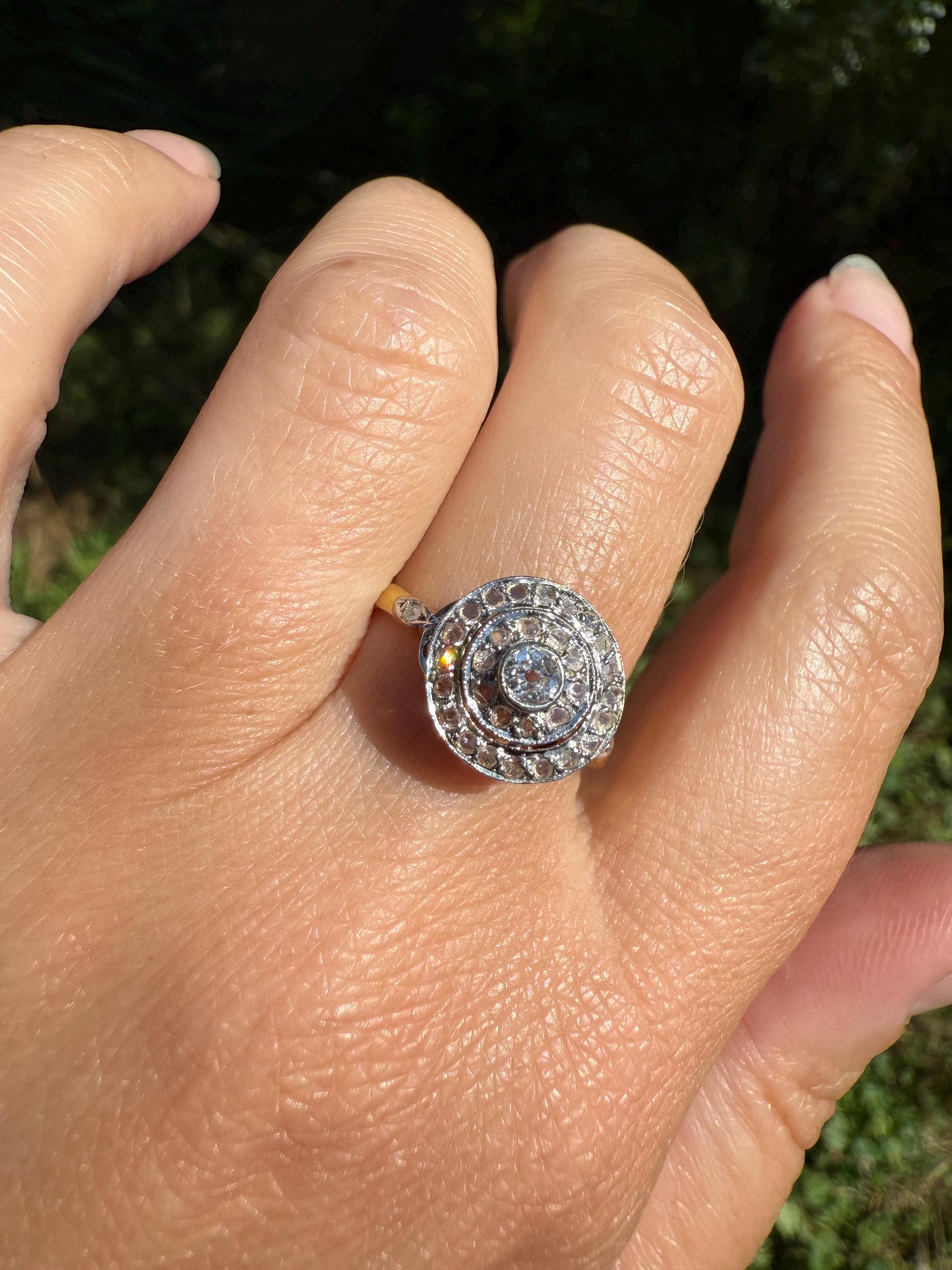 Tall Antique Rose Old Mine Cut DIAMOND Bullseye Target Halo Ring Geometric Stacker French Belle Epoque 18k Gold Platinum Bezel Set