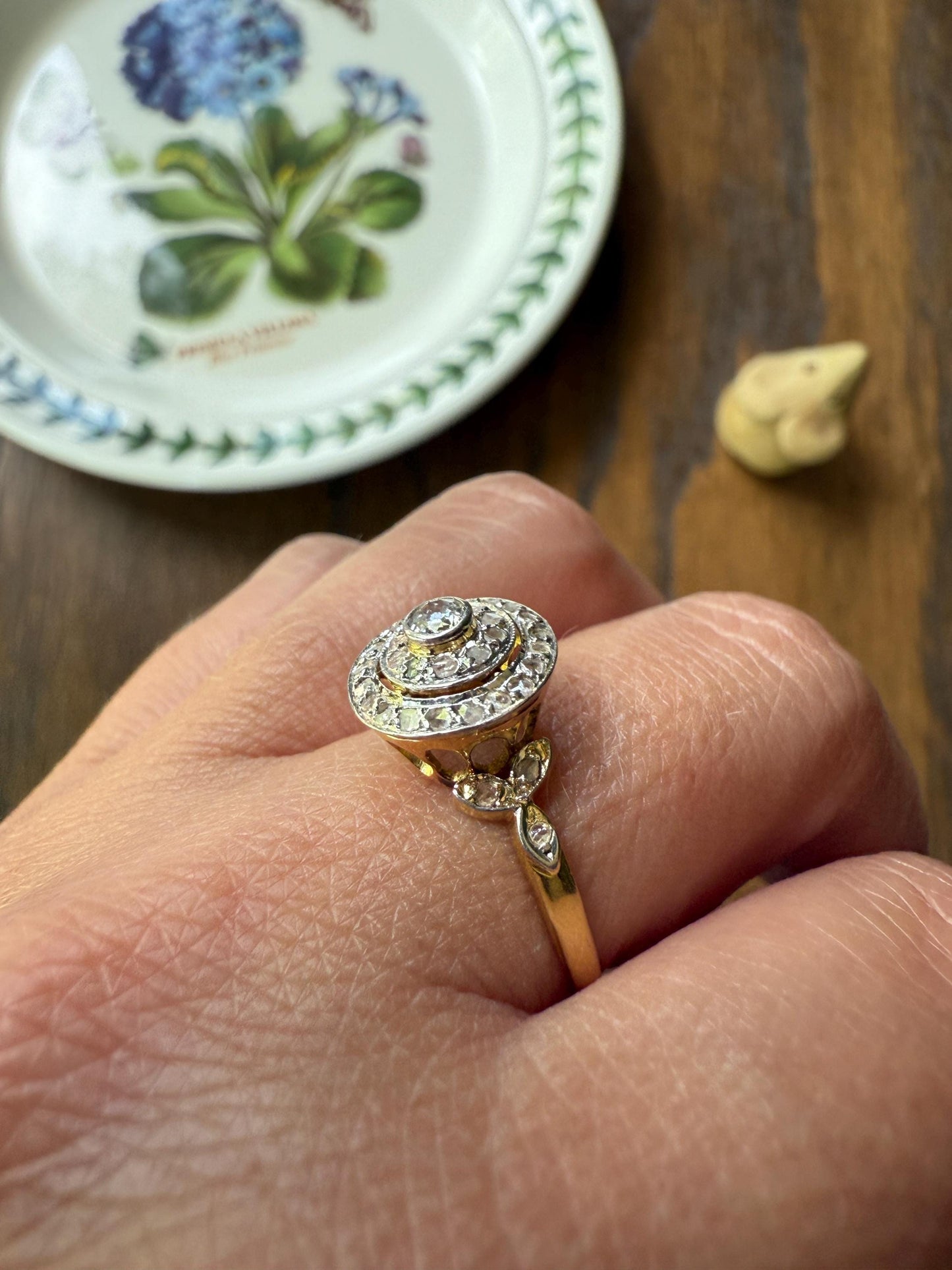 Tall Antique Rose Old Mine Cut DIAMOND Bullseye Target Halo Ring Geometric Stacker French Belle Epoque 18k Gold Platinum Bezel Set