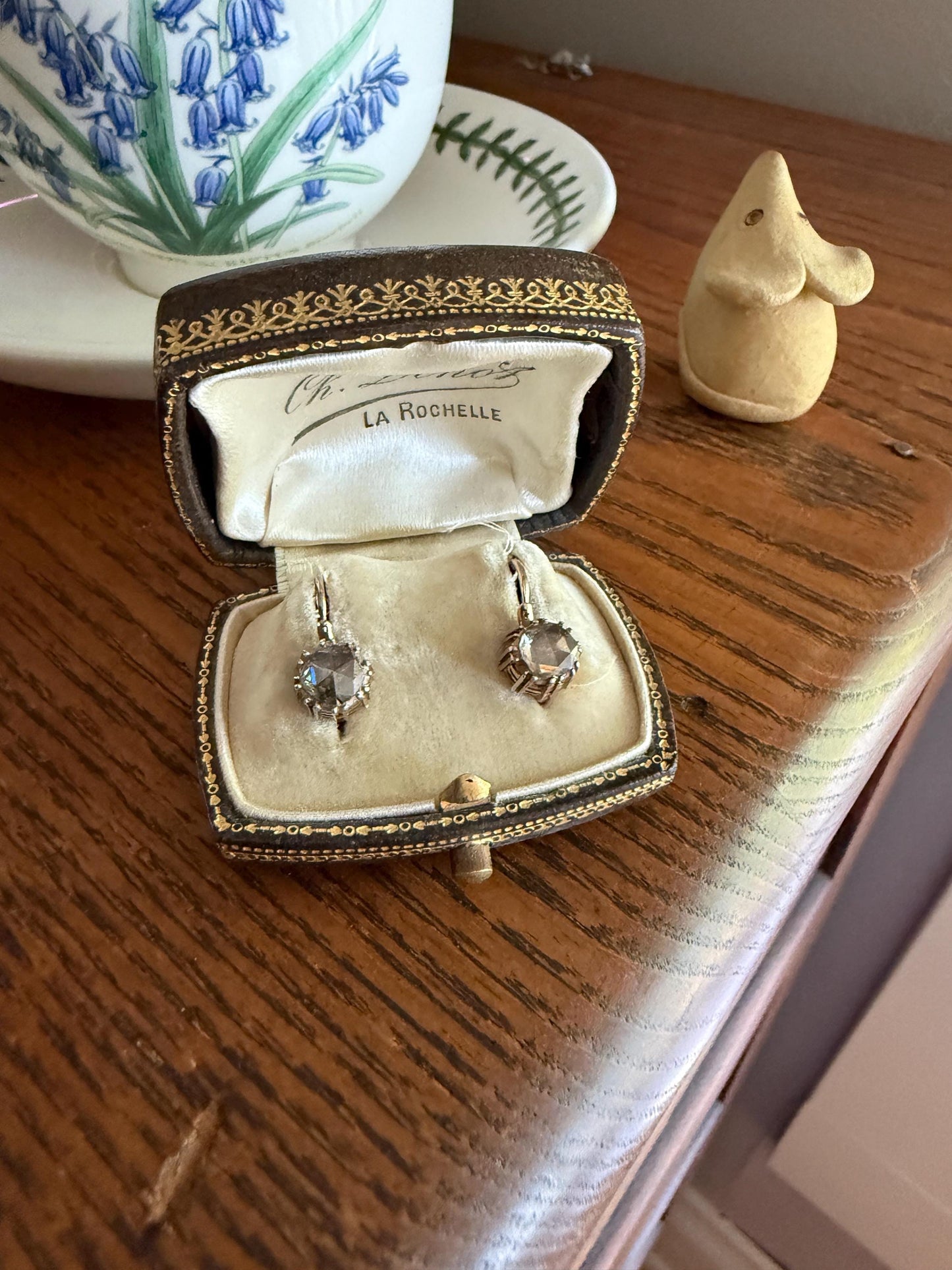 French VICTORIAN Antique 18k Gold Rose Cut DIAMOND Dangle EARRINGS Facing Up 2 Carats Foil Back Dormeuse Something Old Bridal 1800s Gift
