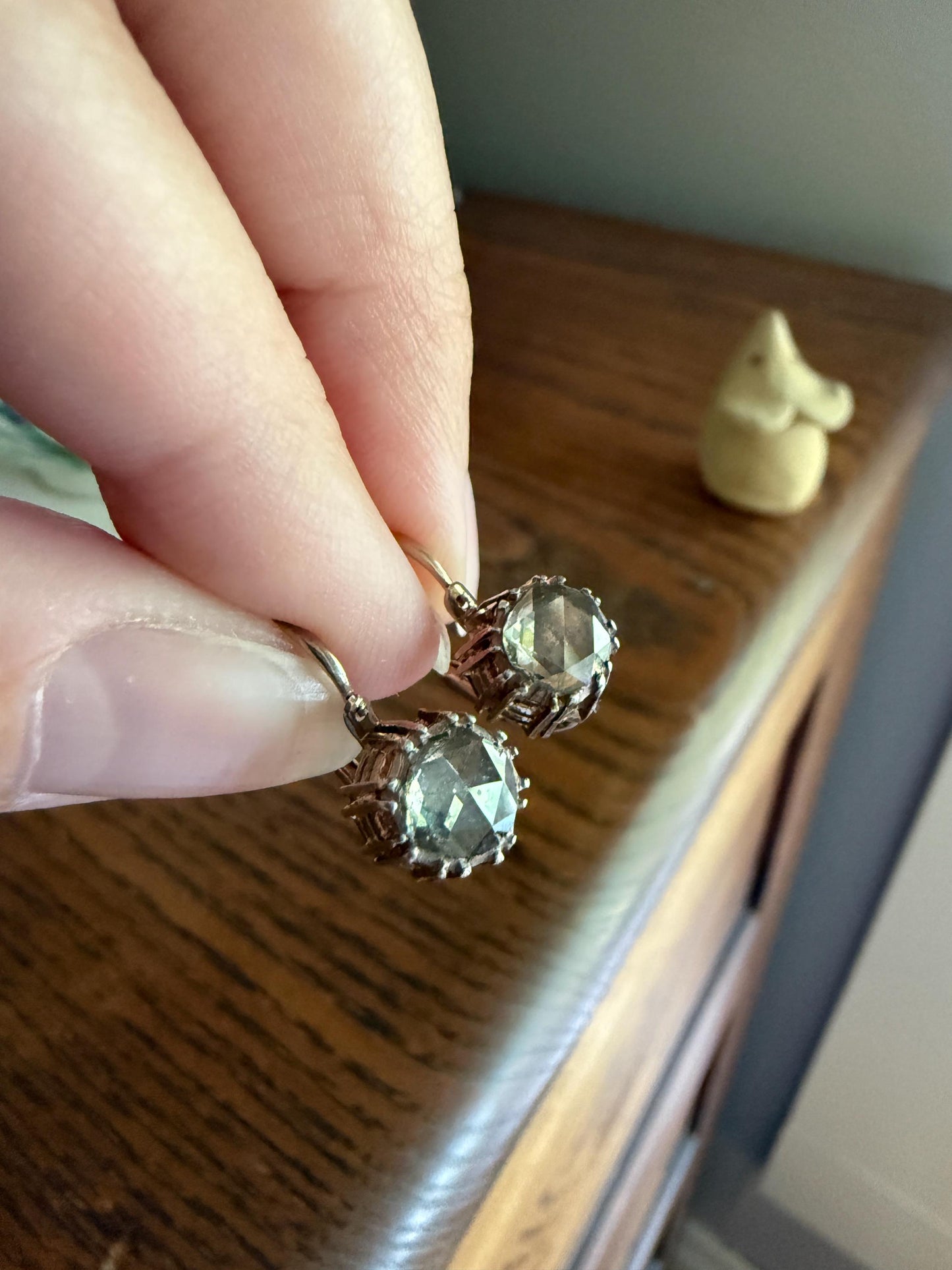 French VICTORIAN Antique 18k Gold Rose Cut DIAMOND Dangle EARRINGS Facing Up 2 Carats Foil Back Dormeuse Something Old Bridal 1800s Gift