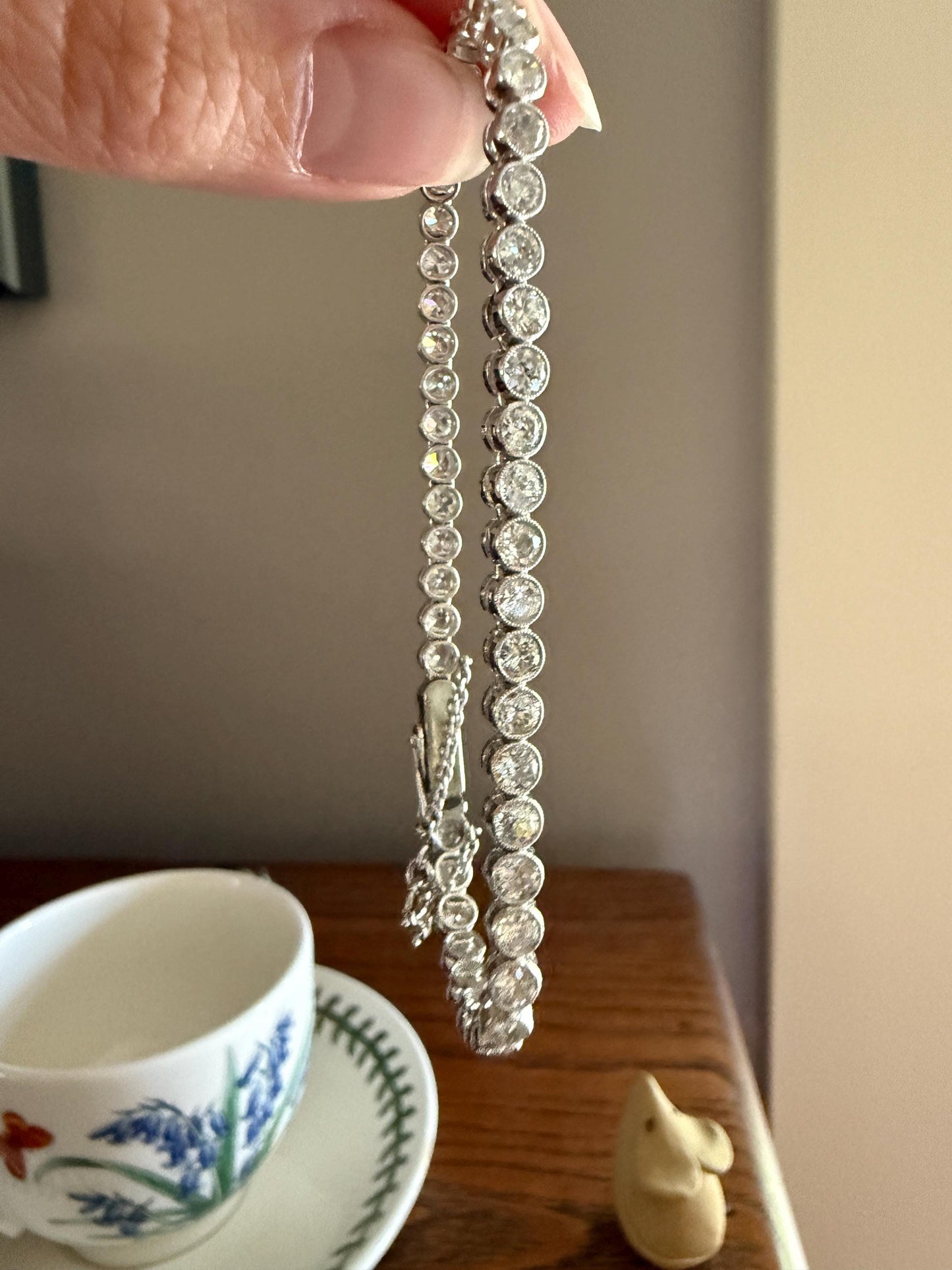 Art Deco 5.1 Carat 49 Old Mine & Transitional Cut DIAMOND Tennis Bracelet 18k White Gold Vintage Bezel Set Milgrain Wriststack 5Ctw Stacker