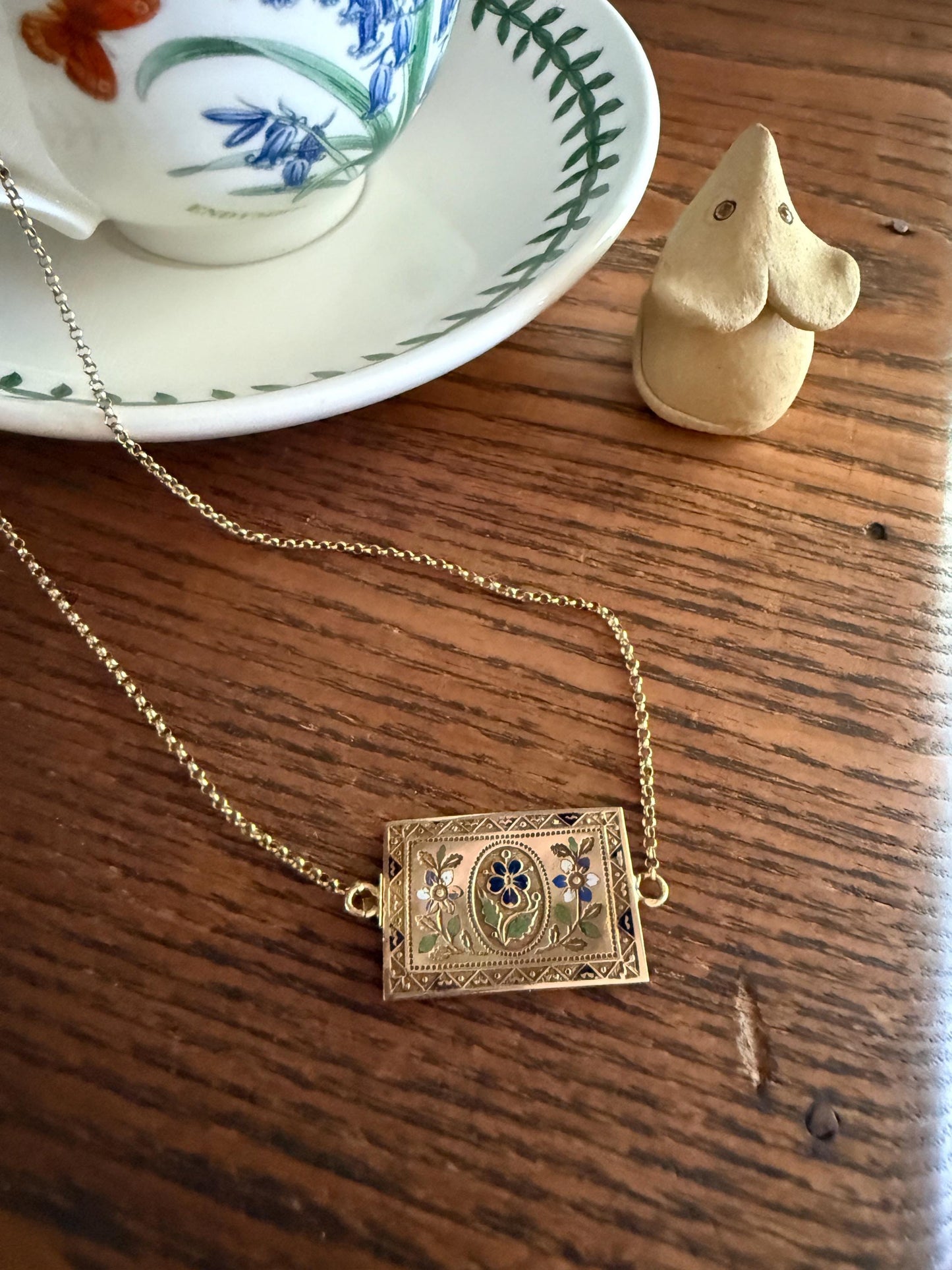PANSY Rectangle Clasp XL French Traditional Antique Cable Rolo Chain Enamel 18k GOLD Victorian Choker Necklace Pendant Holder Solid Belcher
