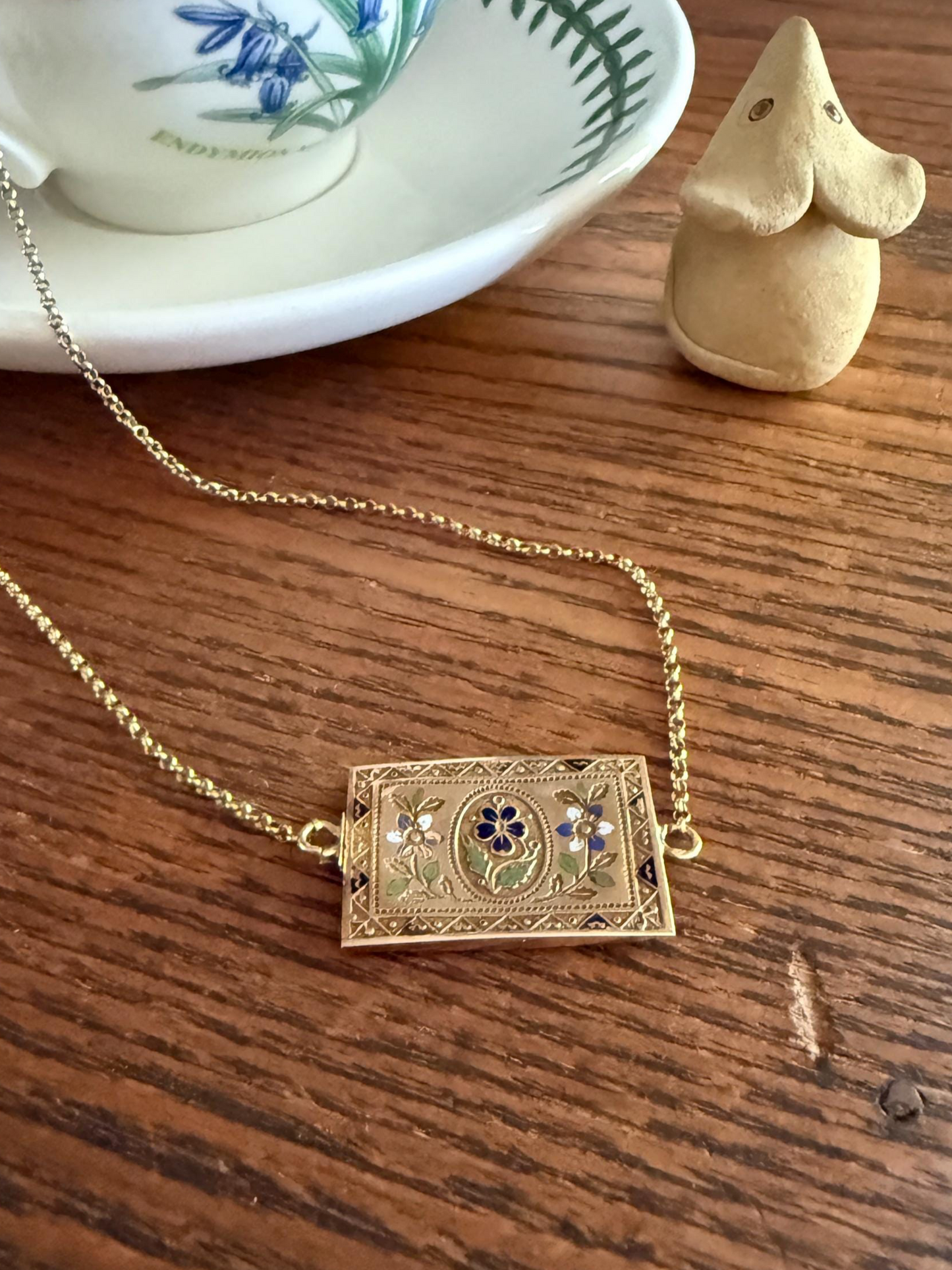 PANSY Rectangle Clasp XL French Traditional Antique Cable Rolo Chain Enamel 18k GOLD Solid Victorian Choker Necklace Pendant Holder